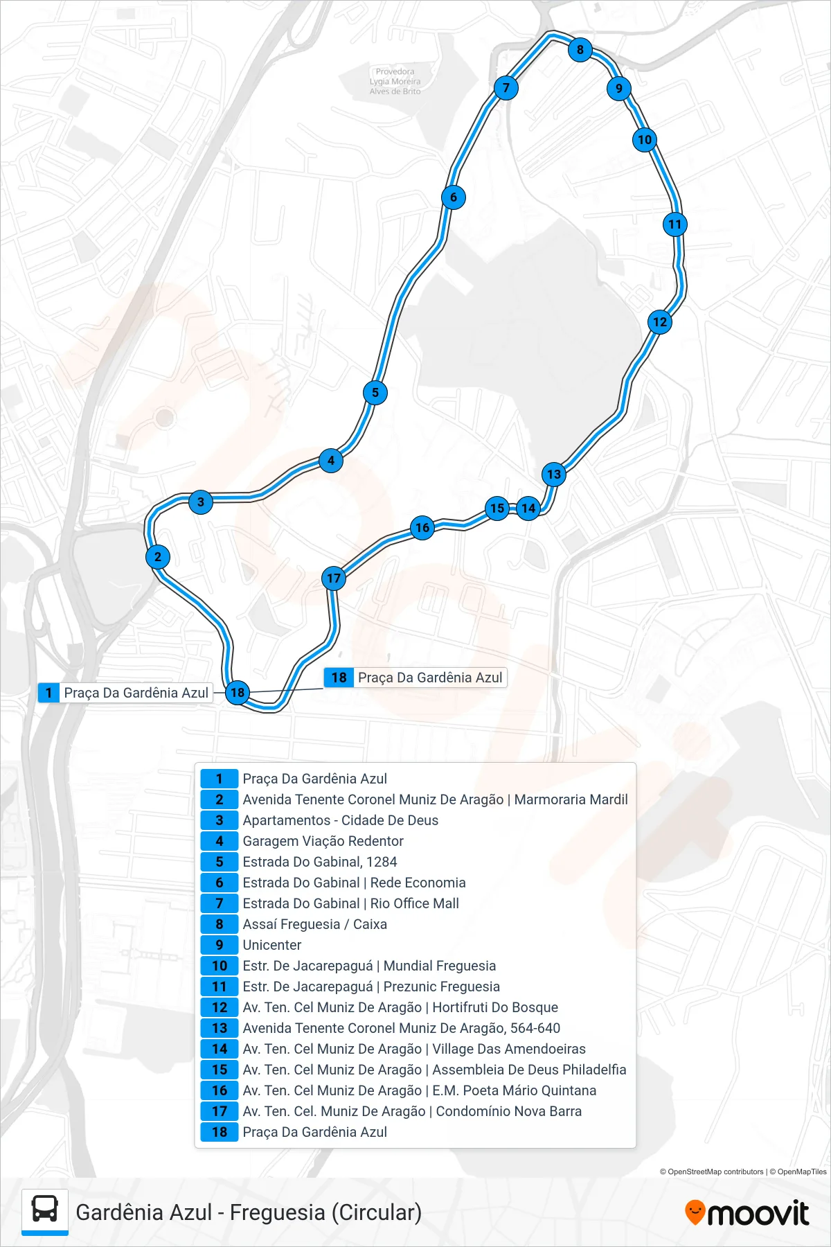 Rota e paradas da linha de ônibus 829 (Gardênia Azul ↔ Freguesia) no mapa