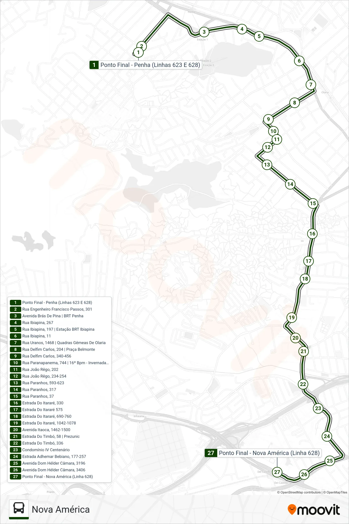 Rota e paradas da linha de ônibus 628 (Nova América) no mapa