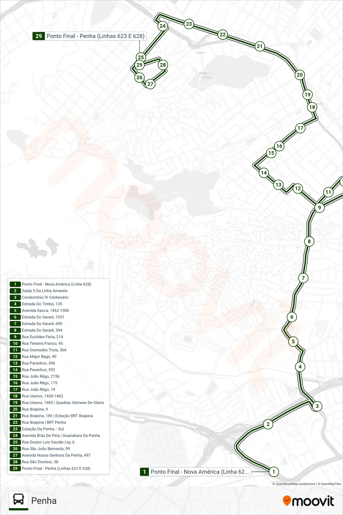 Rota e paradas da linha de ônibus 628 (Penha) no mapa