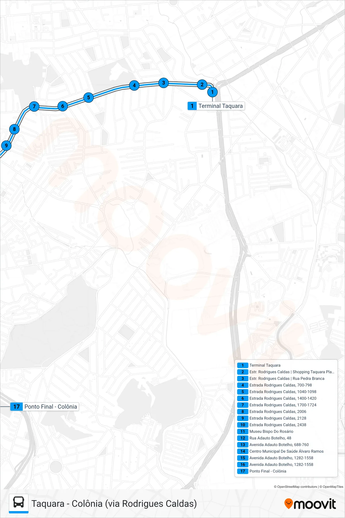 Rota e paradas da linha de ônibus  831  (Colônia) no mapa