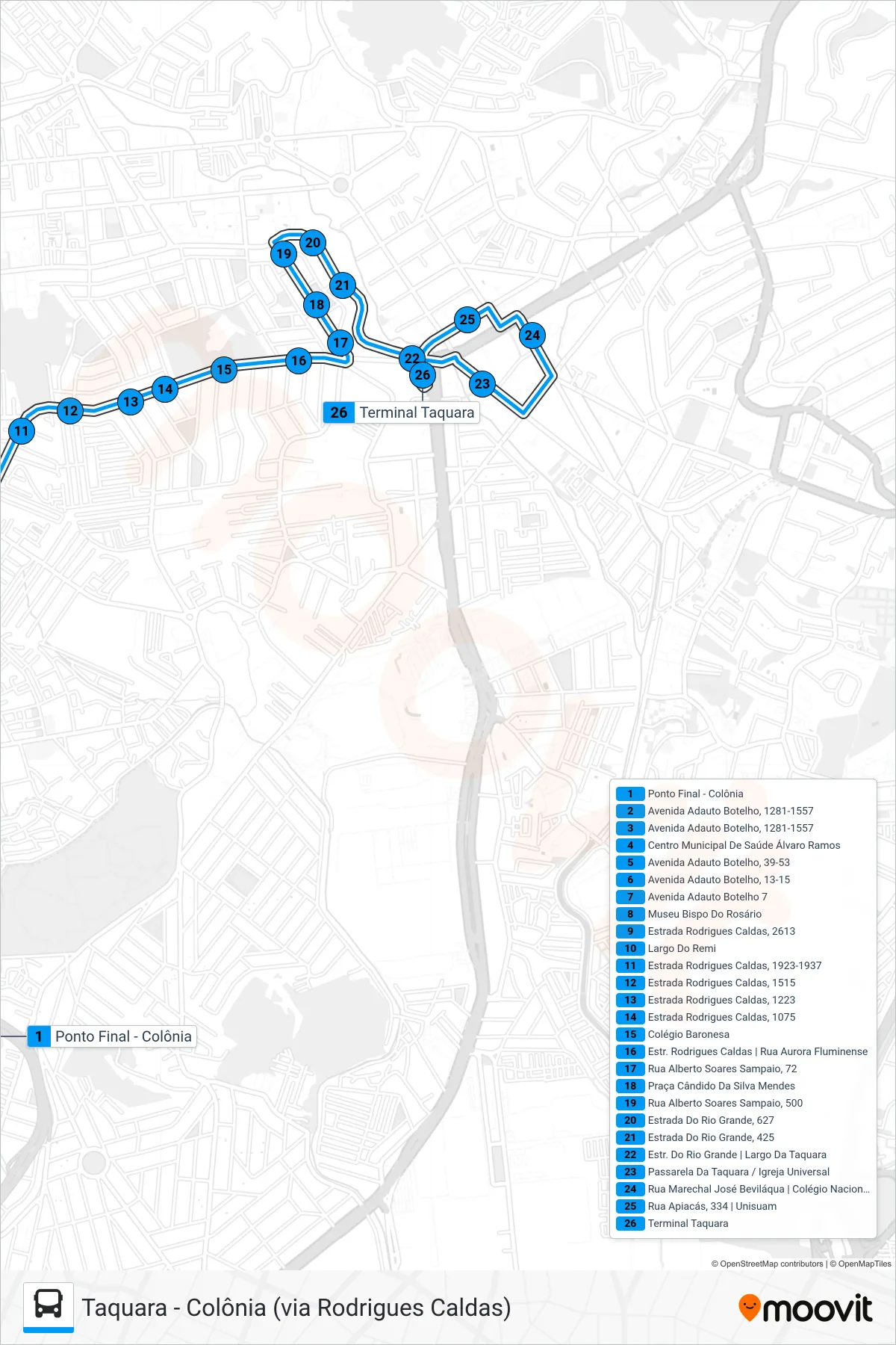 Rota e paradas da linha de ônibus 831 (Taquara) no mapa