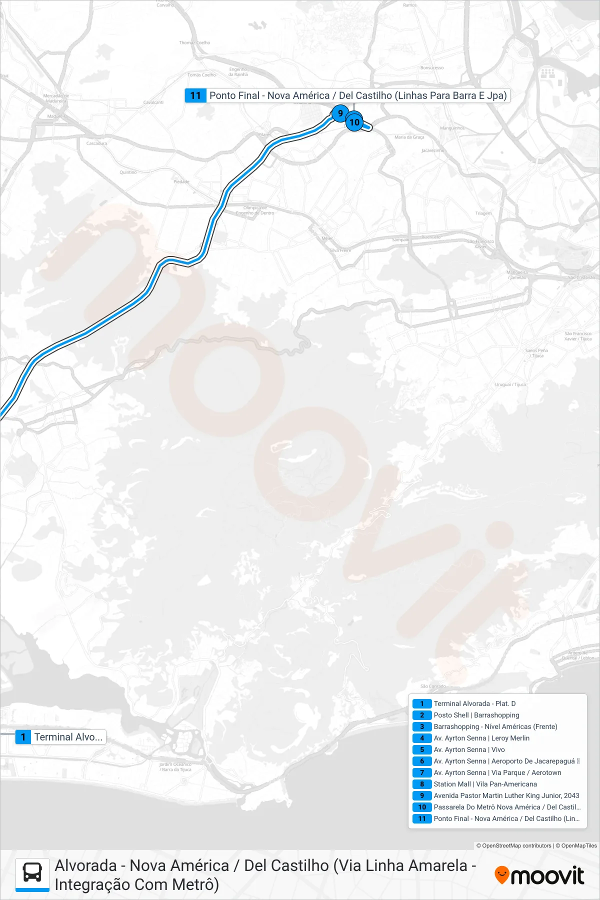 Rota e paradas da linha de ônibus 614 (Nova América / Del Castilho) no mapa