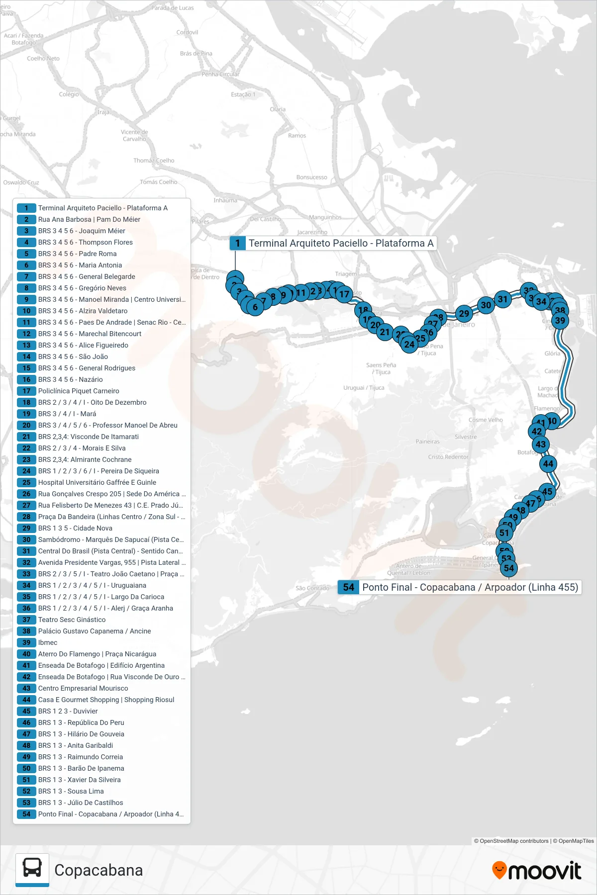 Rota e paradas da linha de ônibus 455 (Copacabana) no mapa