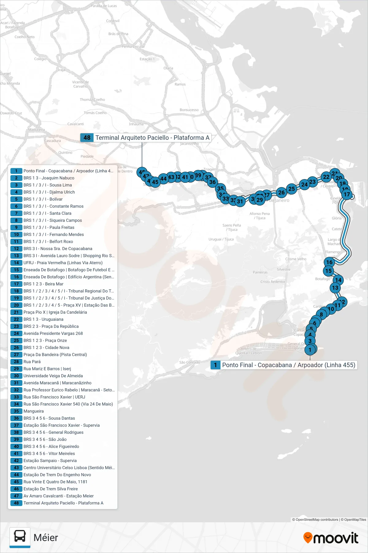 Rota e paradas da linha de ônibus 455 (Méier) no mapa