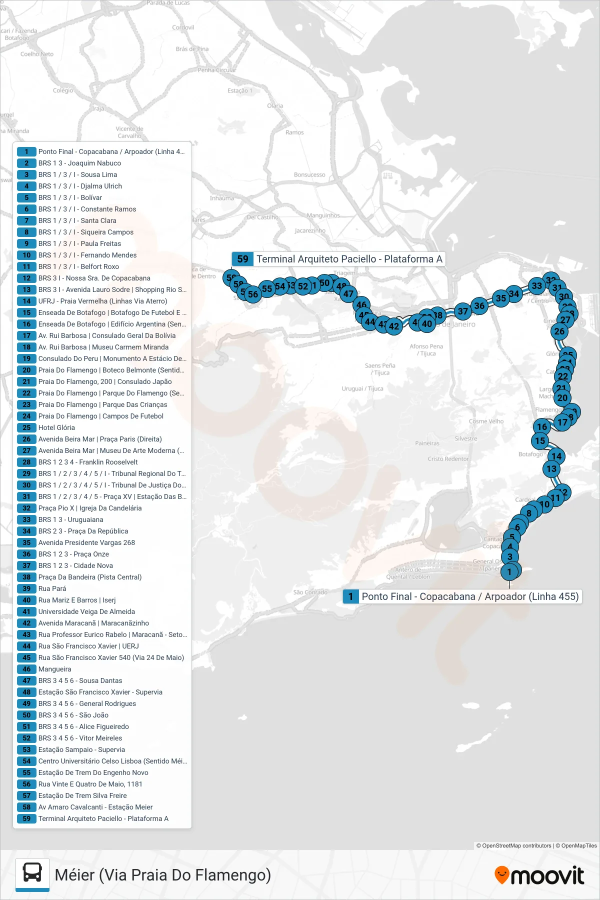 455 bus Line (Méier (Via Praia Do Flamengo)) route and stops on a map