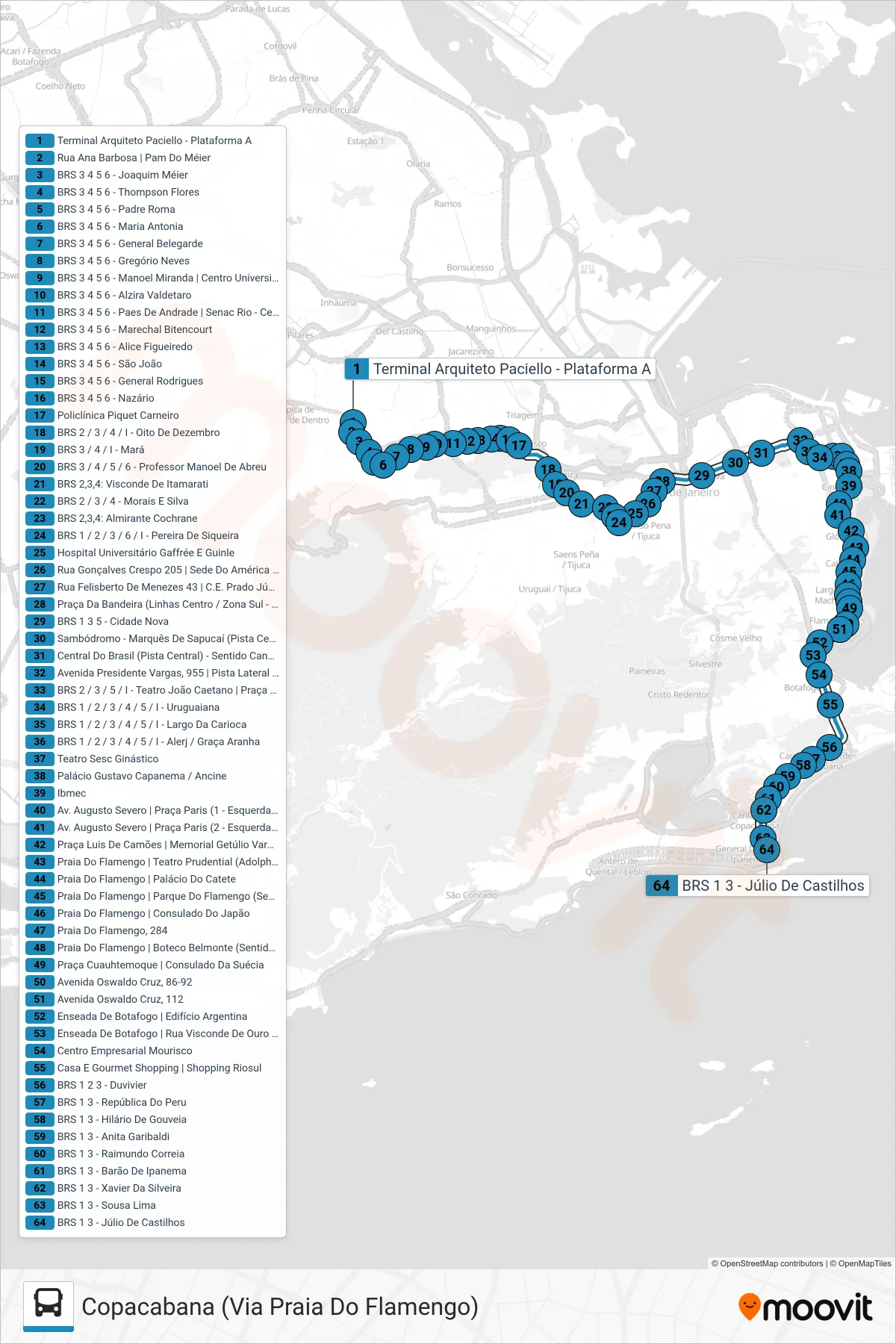 Rota e paradas da linha de ônibus 455 (Copacabana (Via Praia Do Flamengo)) no mapa