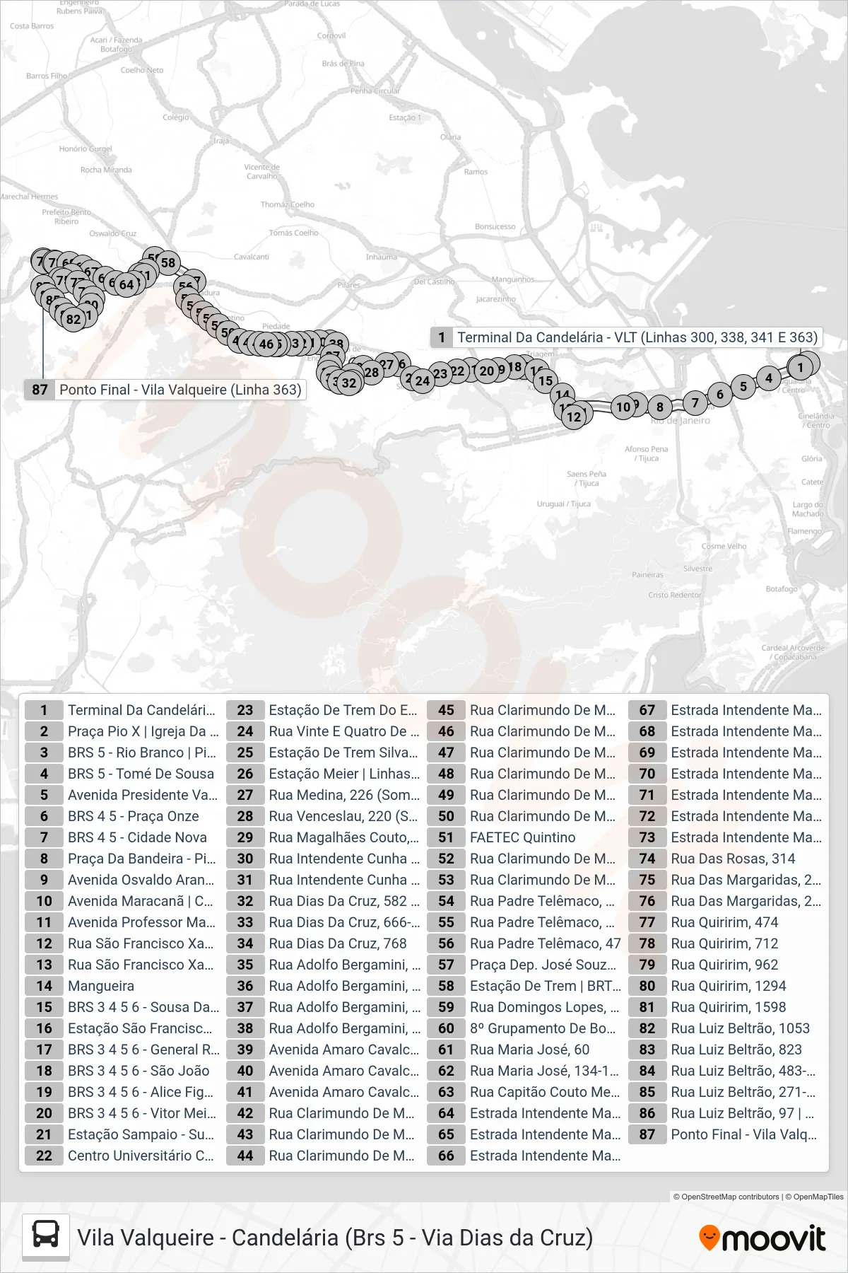 363 bus Line (Vila Valqueire (Área De Lazer)) route and stops on a map
