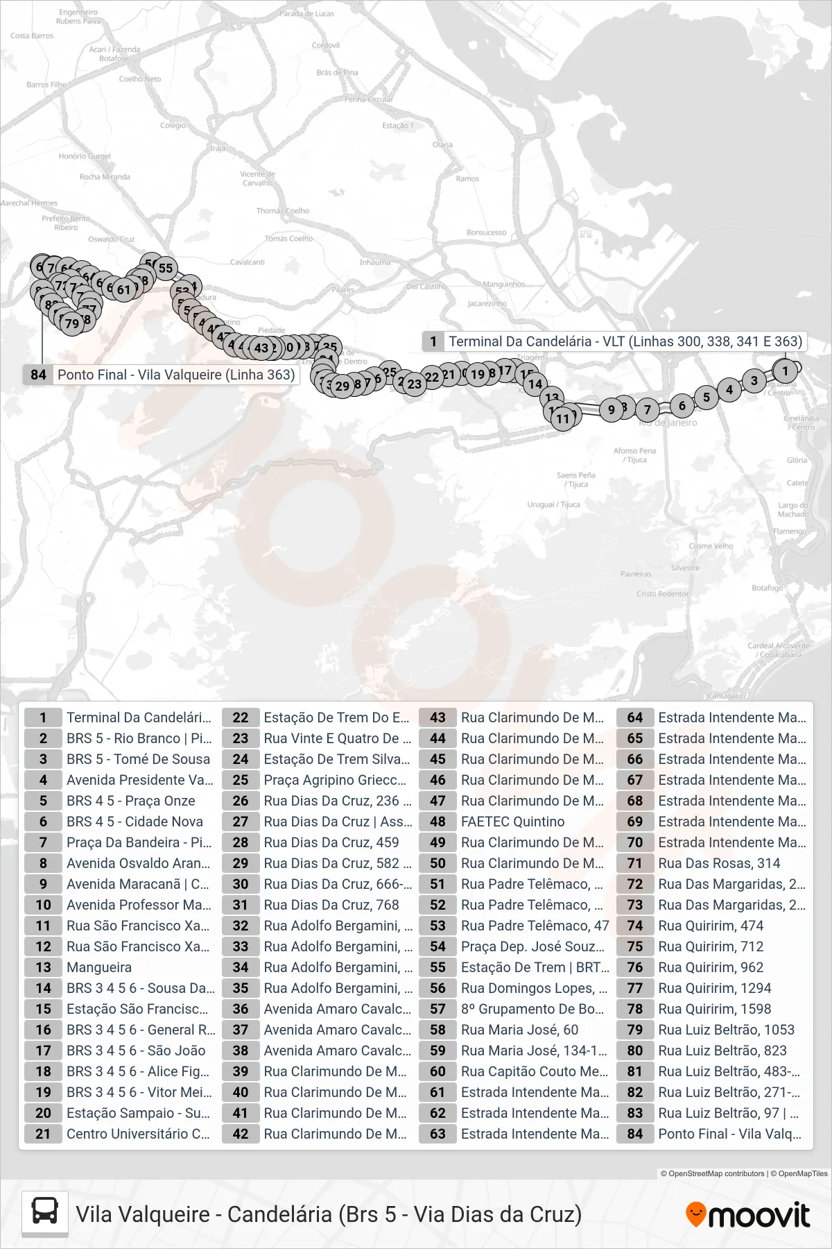 363 bus Line (Vila Valqueire) route and stops on a map