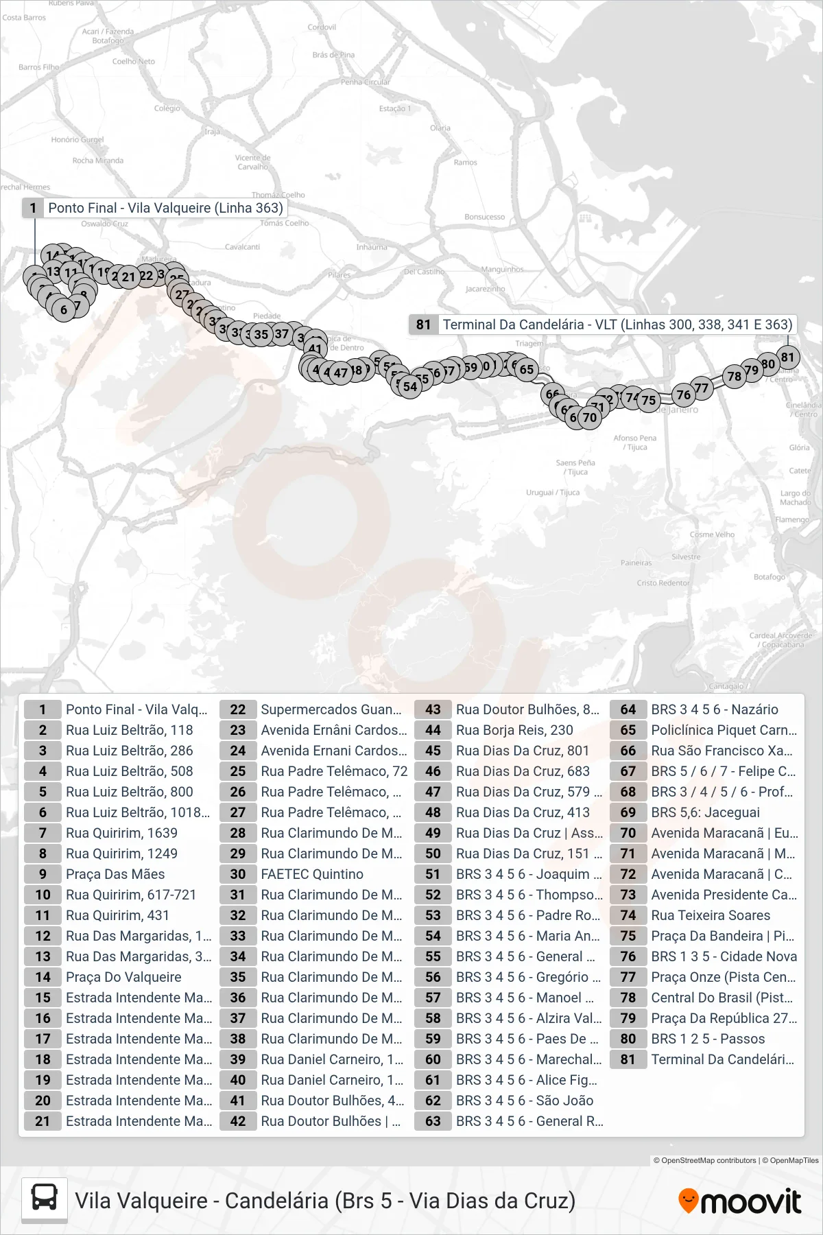 Rota e paradas da linha de ônibus  363  (Candelária) no mapa