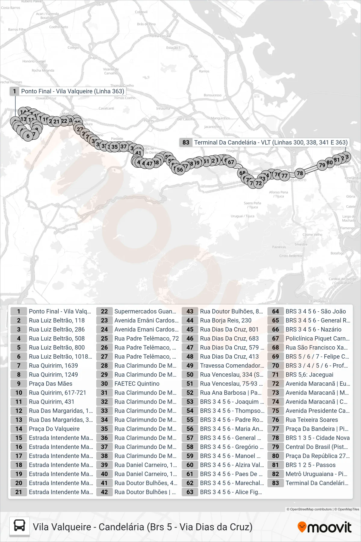 Rota e paradas da linha de ônibus 363 (Candelária (Área De Lazer)) no mapa