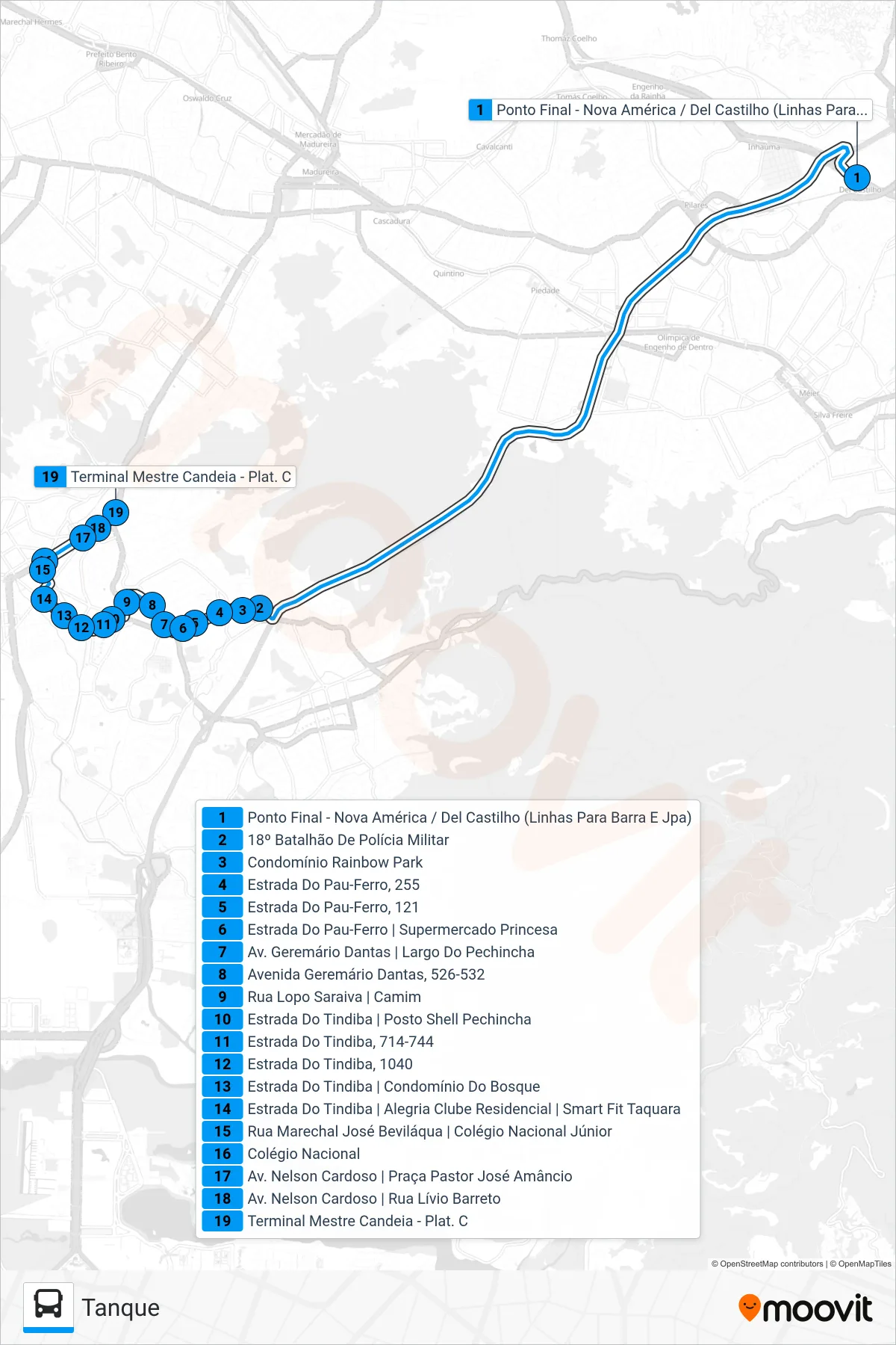 Rota e paradas da linha de ônibus 610 (Tanque) no mapa