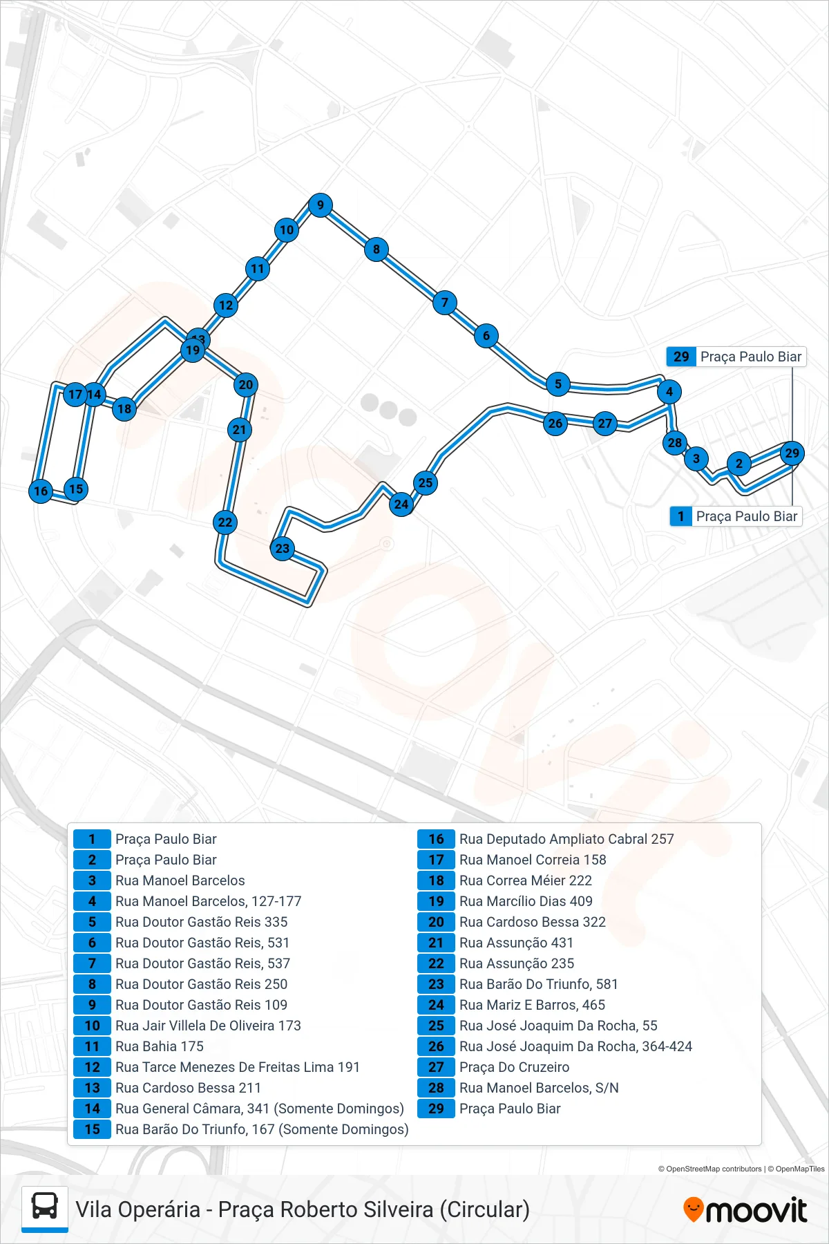 Rota e paradas da linha de ônibus TZ04 (Vila Operária - Praça Roberto Silveira (Circular)) no mapa