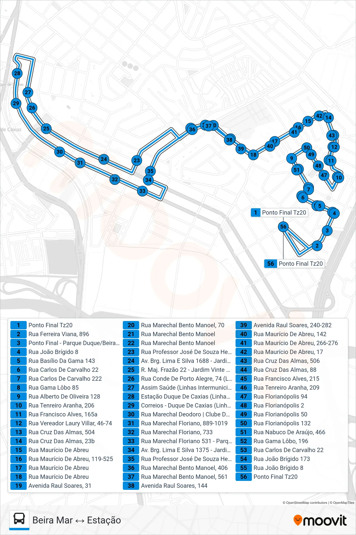 Rota e paradas da linha de ônibus TZ20 (Beira Mar ↔ Estação) no mapa