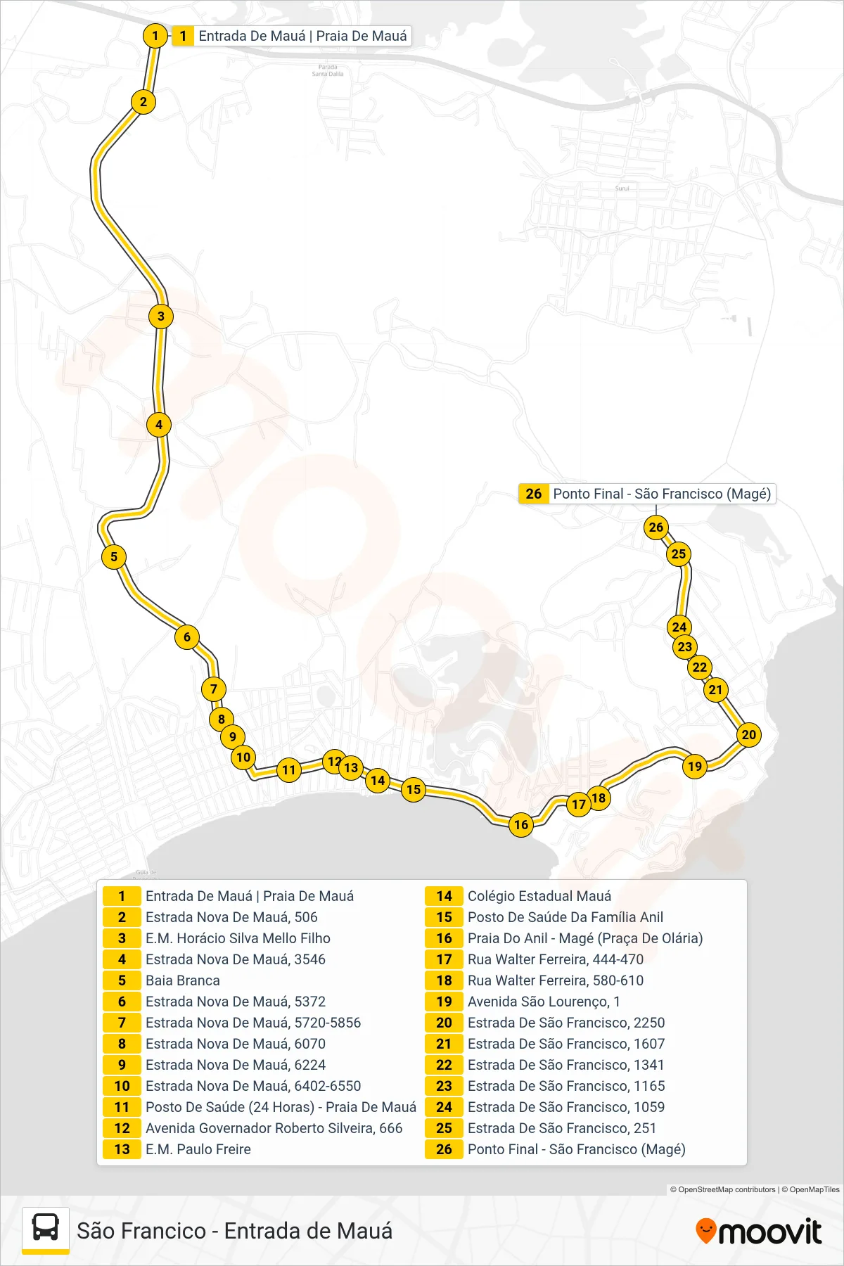 Rota e paradas da linha de ônibus TZ04 (São Francisco) no mapa