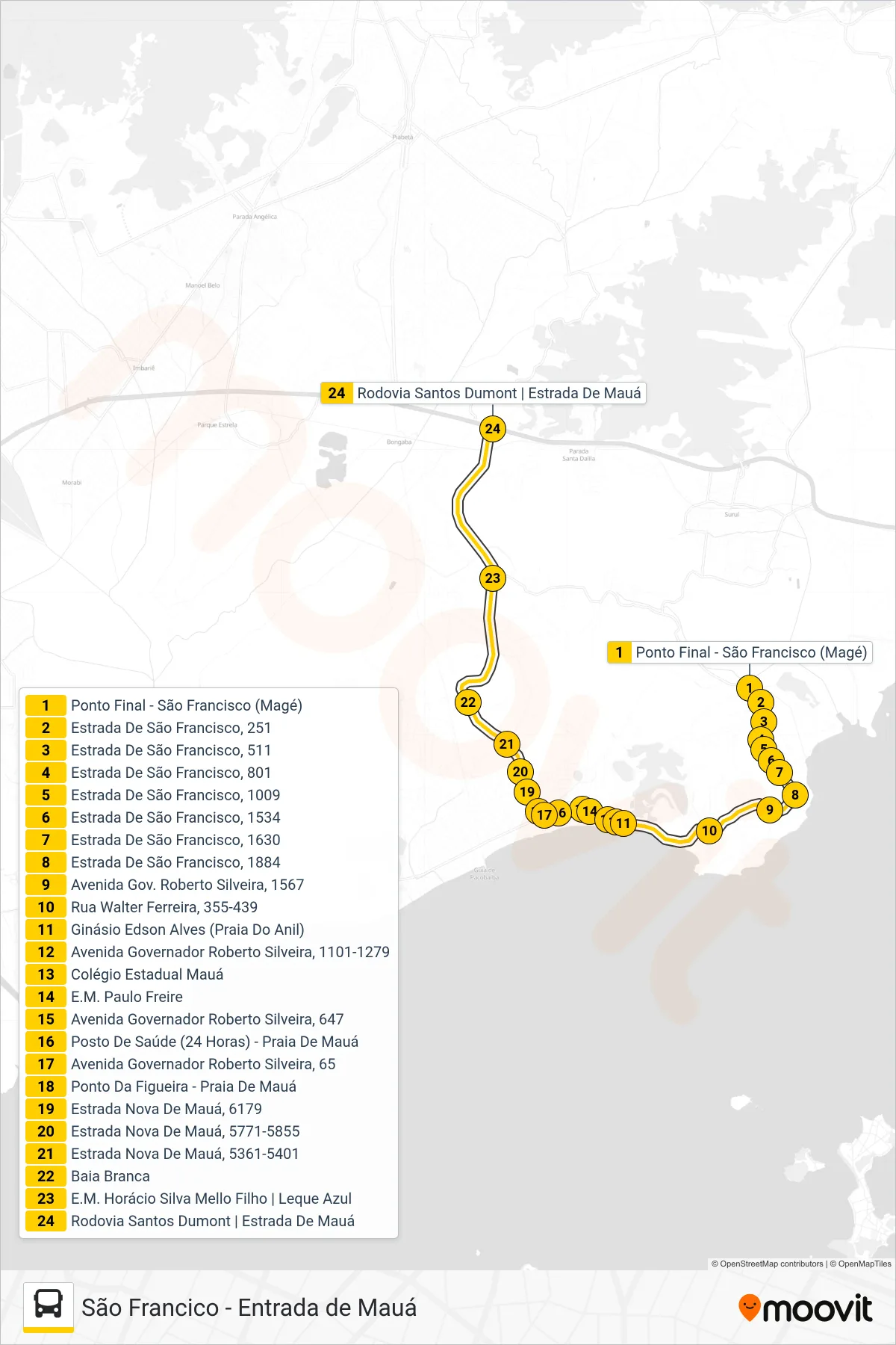 Rota e paradas da linha de ônibus TZ04 (Estrada de Mauá) no mapa