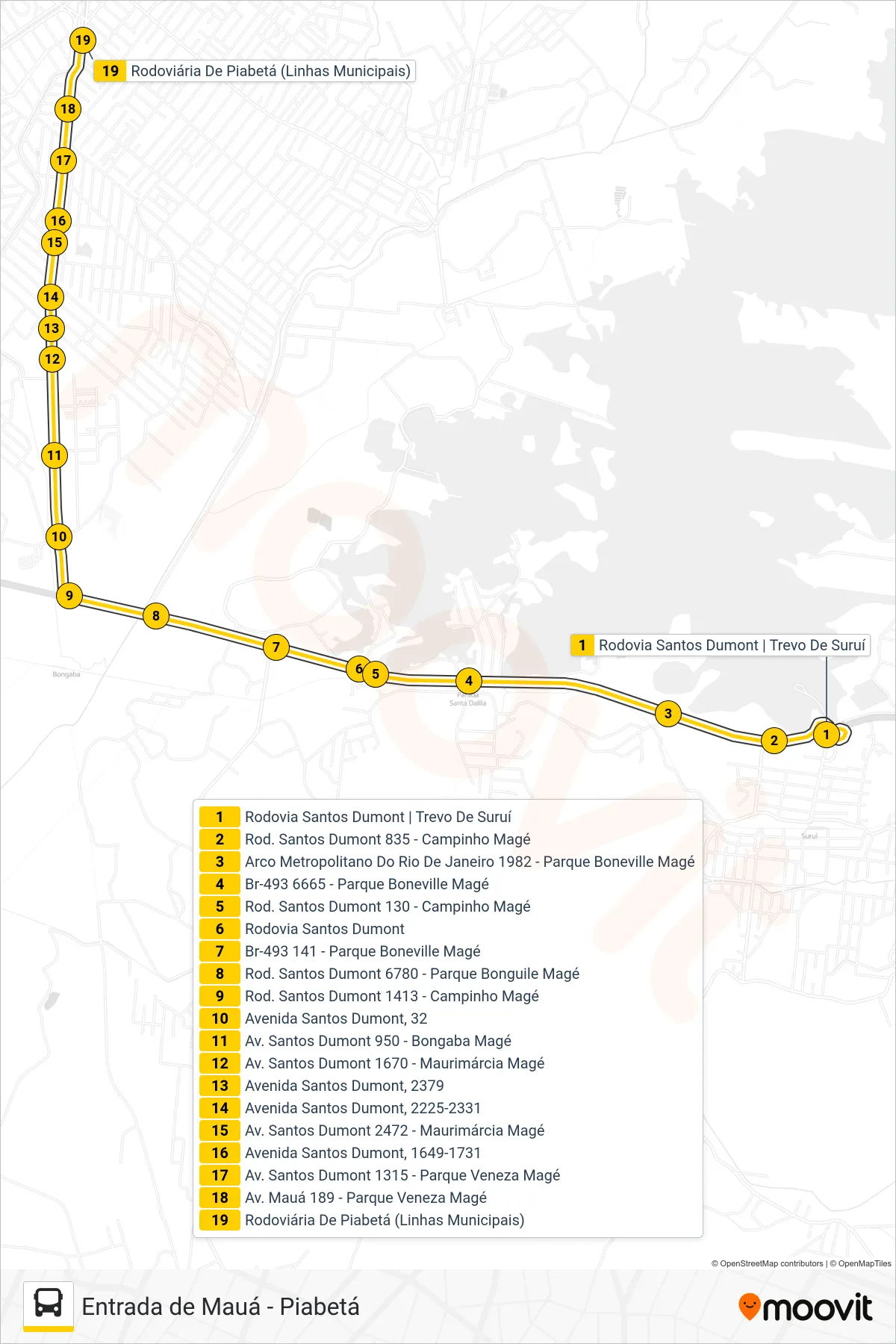 Rota e paradas da linha de ônibus TZ05 (Piabetá) no mapa