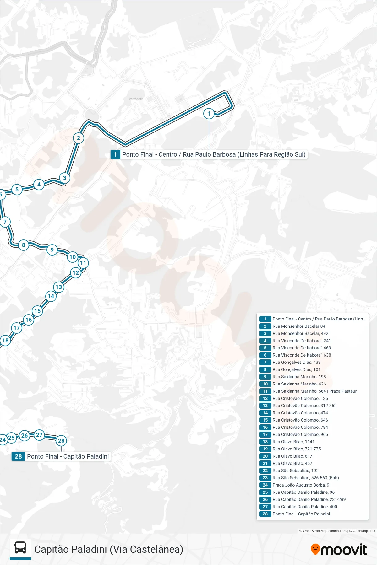 Rota e paradas da linha de ônibus 188 (Capitão Paladini) no mapa