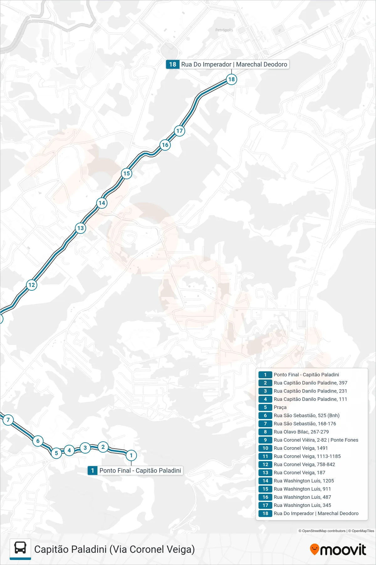Rota e paradas da linha de ônibus 189 (Centro) no mapa