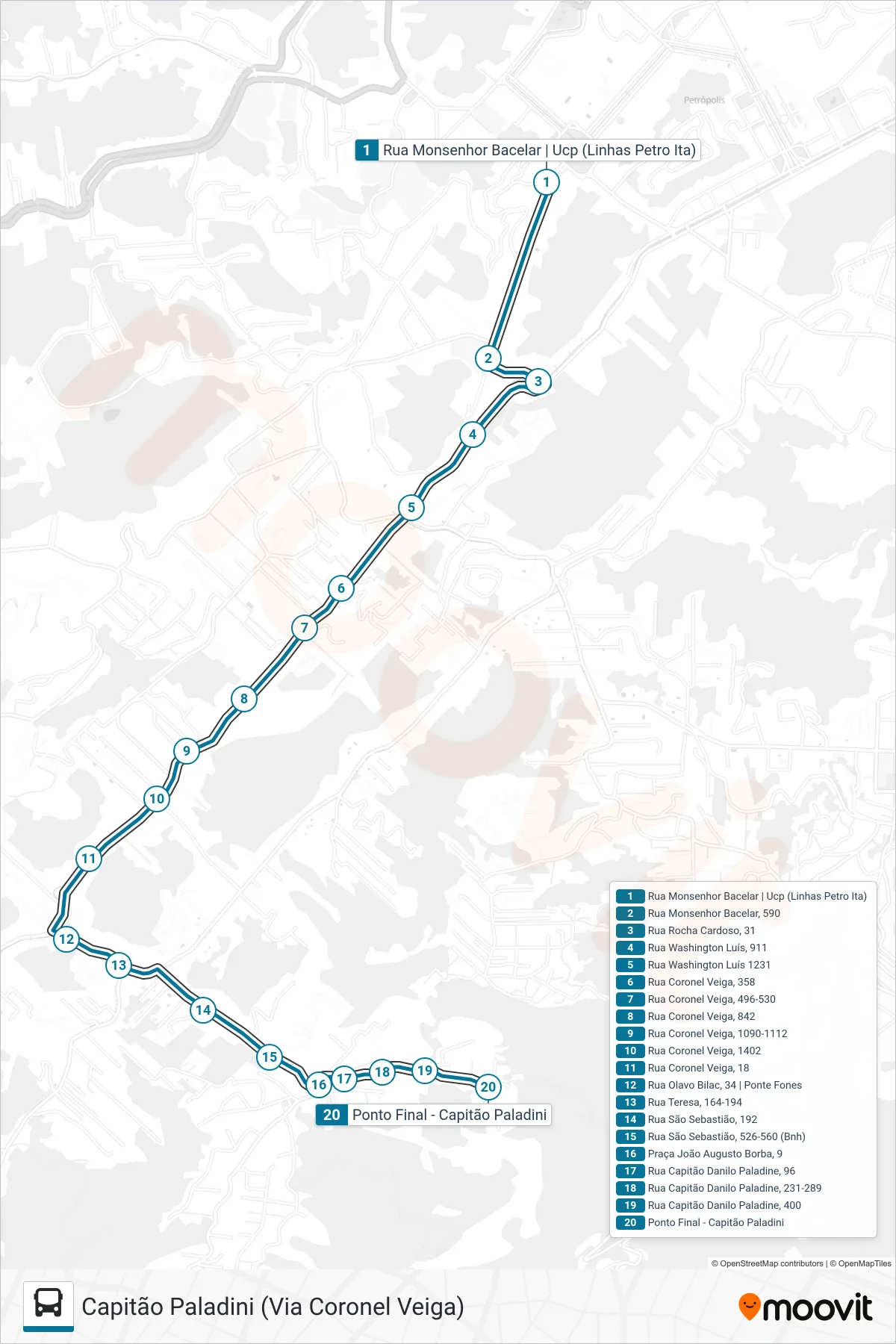 Rota e paradas da linha de ônibus 189 (Capitão Paladini (Via Coronel Veiga)) no mapa