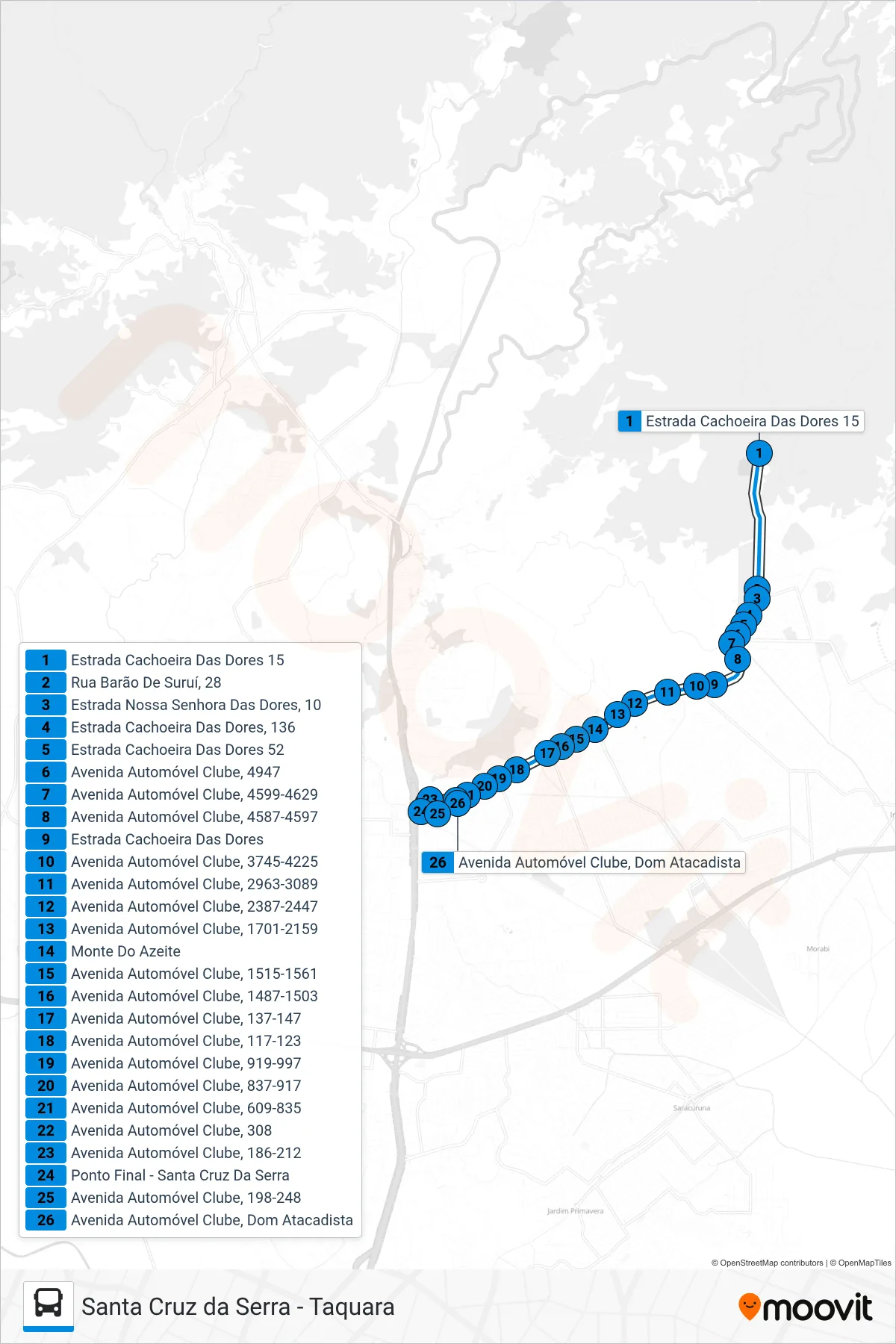 TZ19 bus Line (Santa Cruz da Serra) route and stops on a map