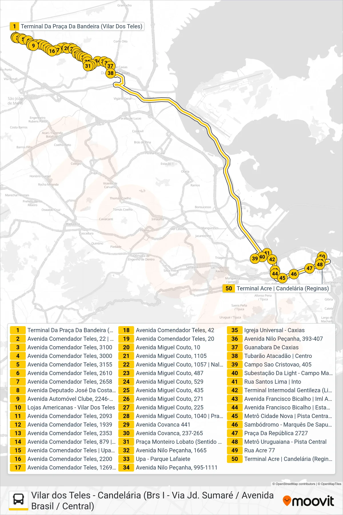 Rota e paradas da linha de ônibus 427C (Candelária (Via L. Vermelha)) no mapa