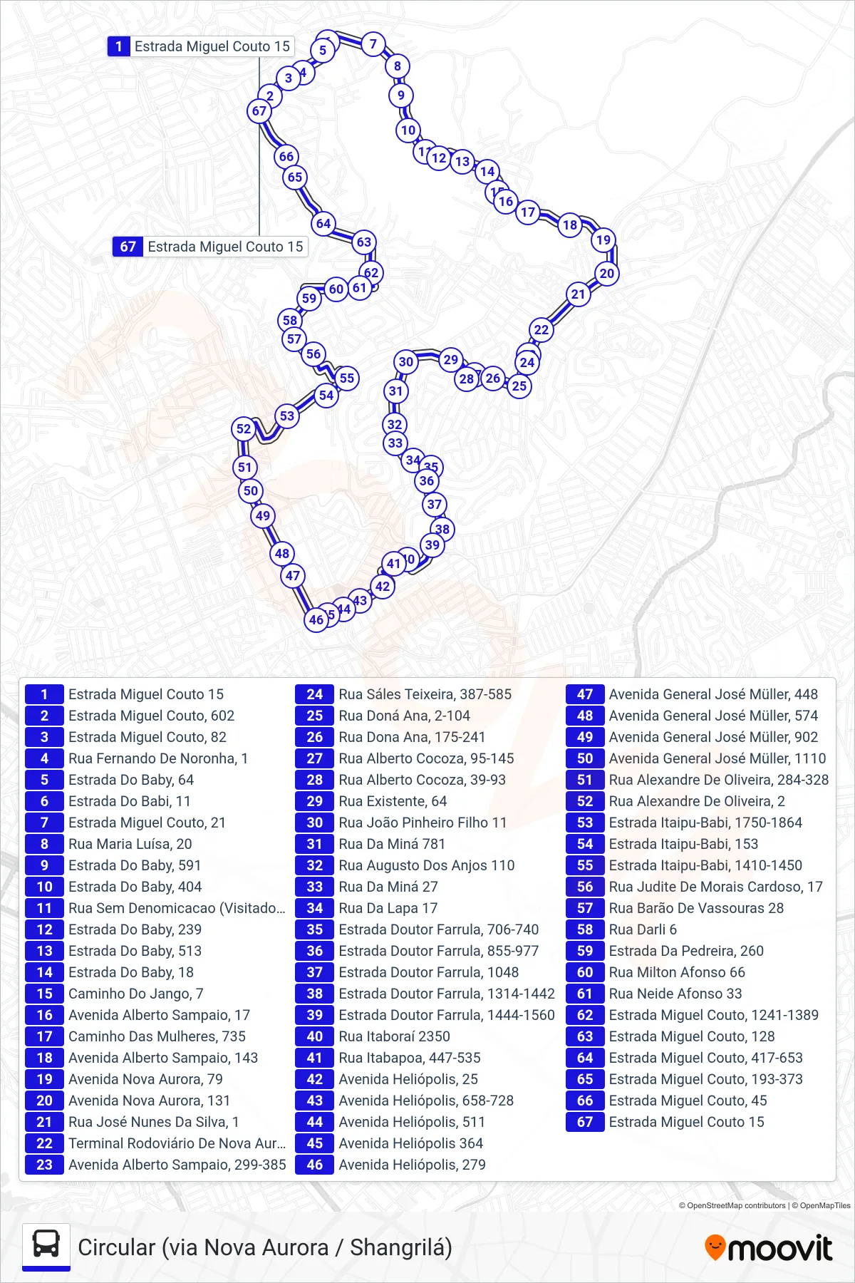 Rota e paradas da linha de ônibus TZ02A (Circular (via Nova Aurora / Shangrilá)) no mapa