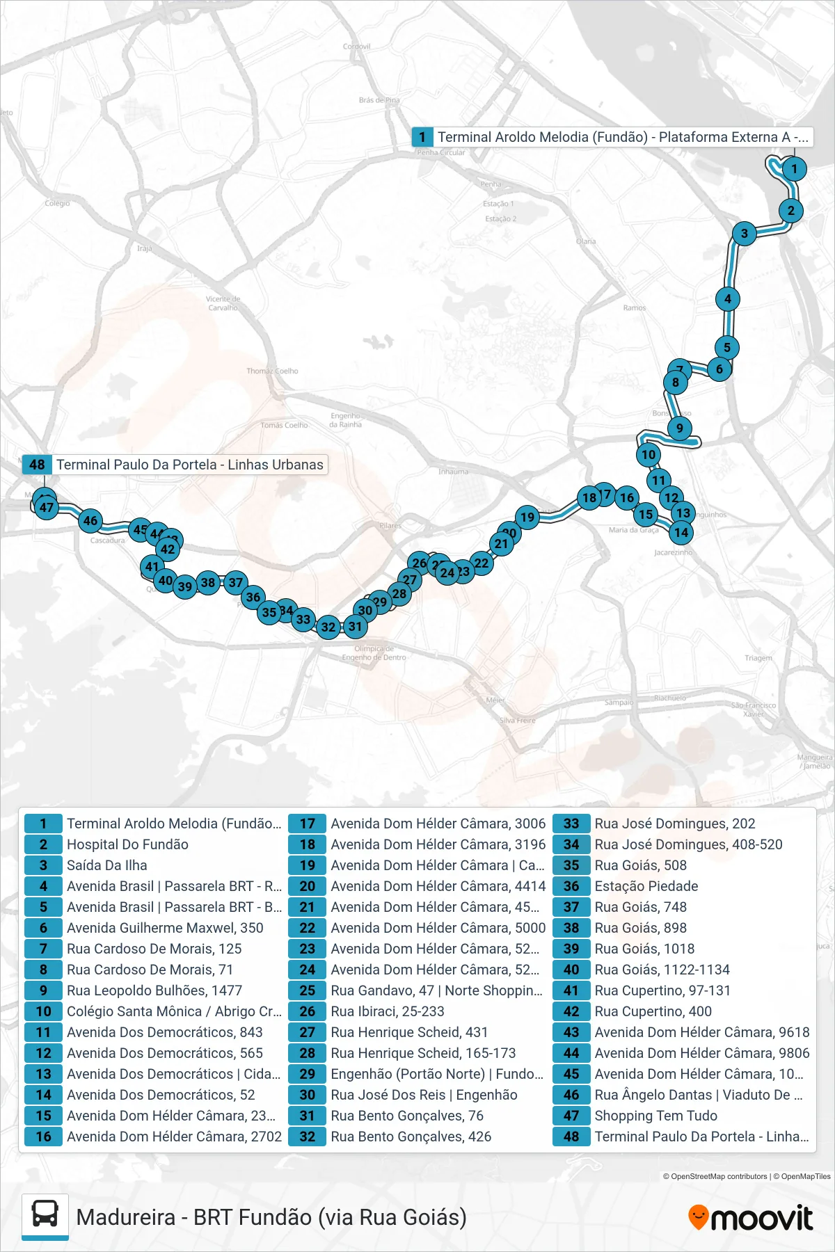 Rota e paradas da linha de ônibus  979  (Madureira) no mapa