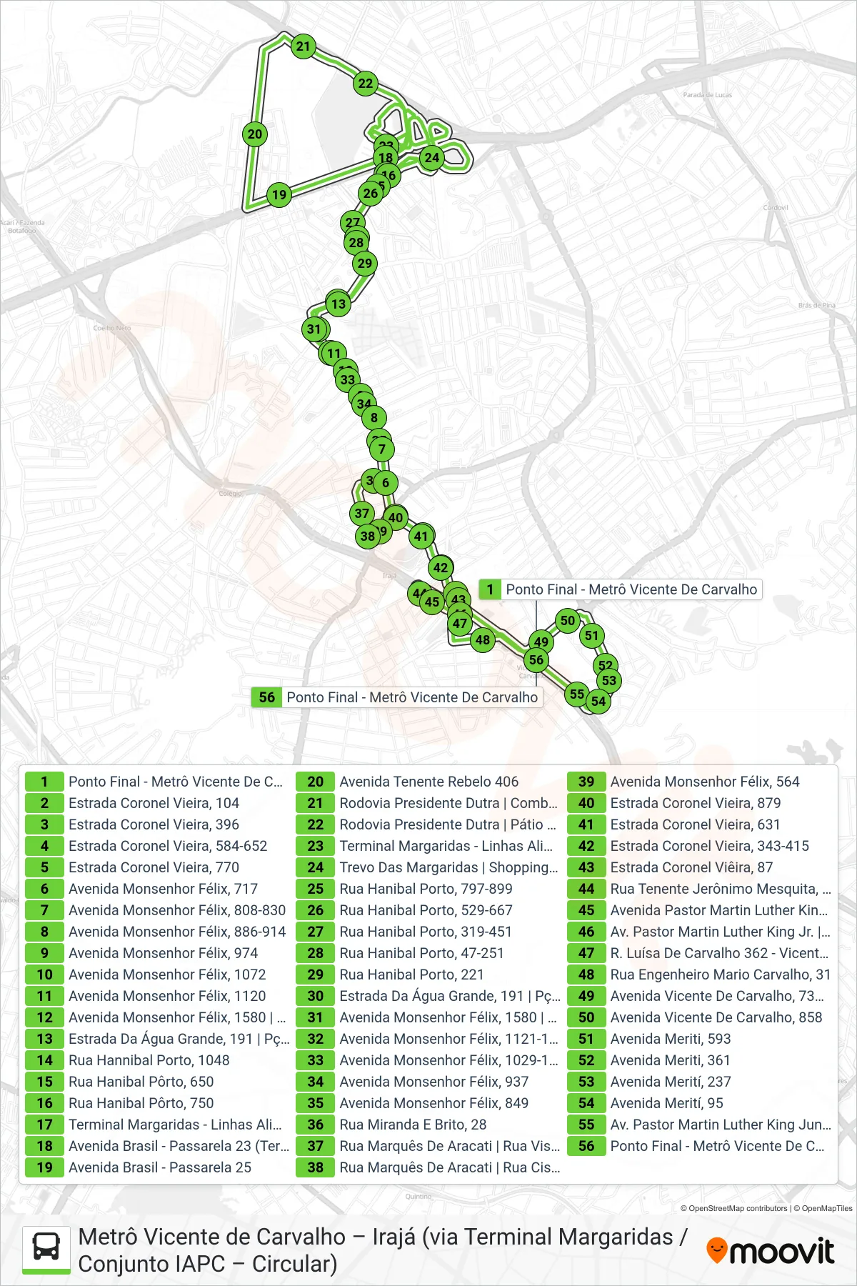 Rota e paradas da linha de ônibus 959 (Metrô Vicente de Carvalho ↔ Terminal Margaridas) no mapa