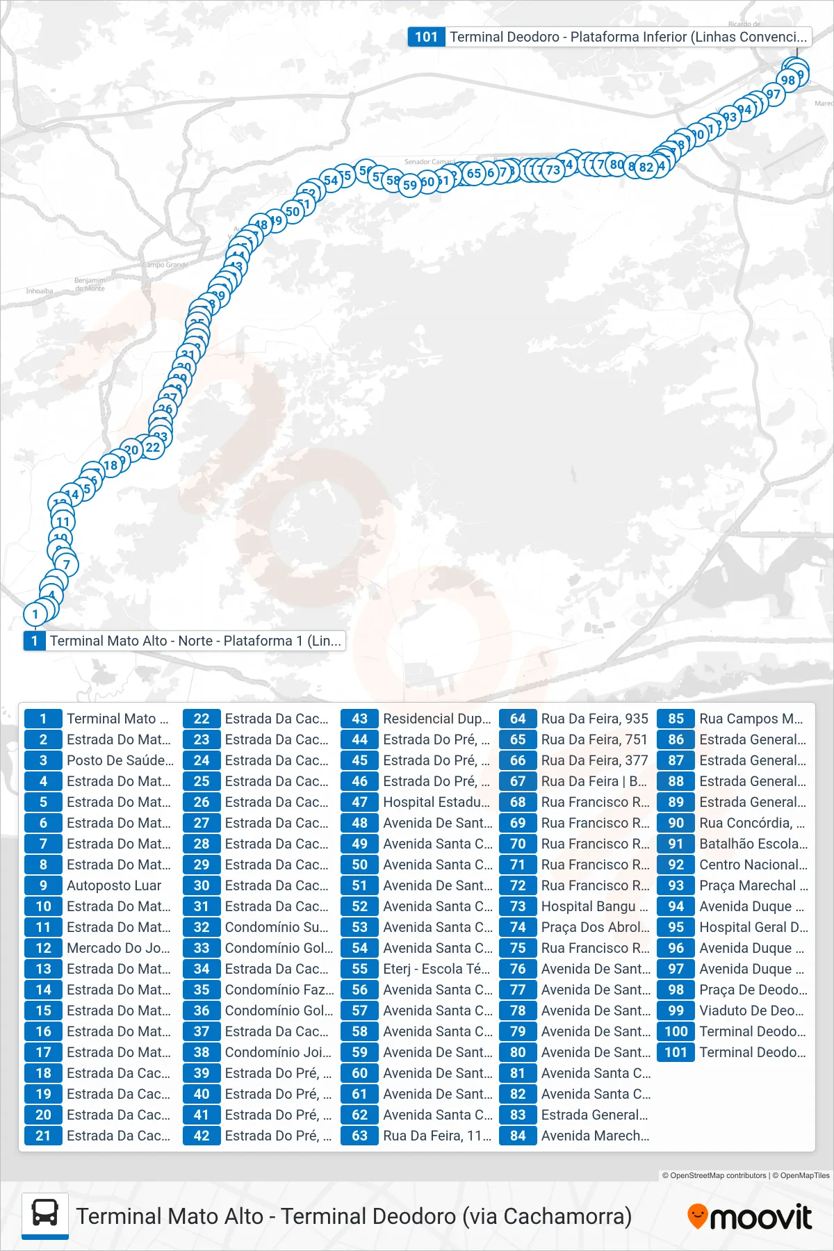 Rota e paradas da linha de ônibus 883 (Terminal Deodoro) no mapa