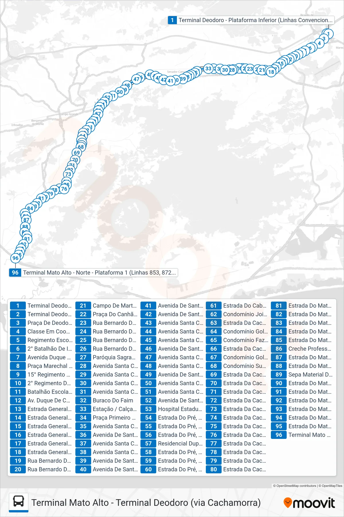 883 bus Line (Terminal Mato Alto) route and stops on a map