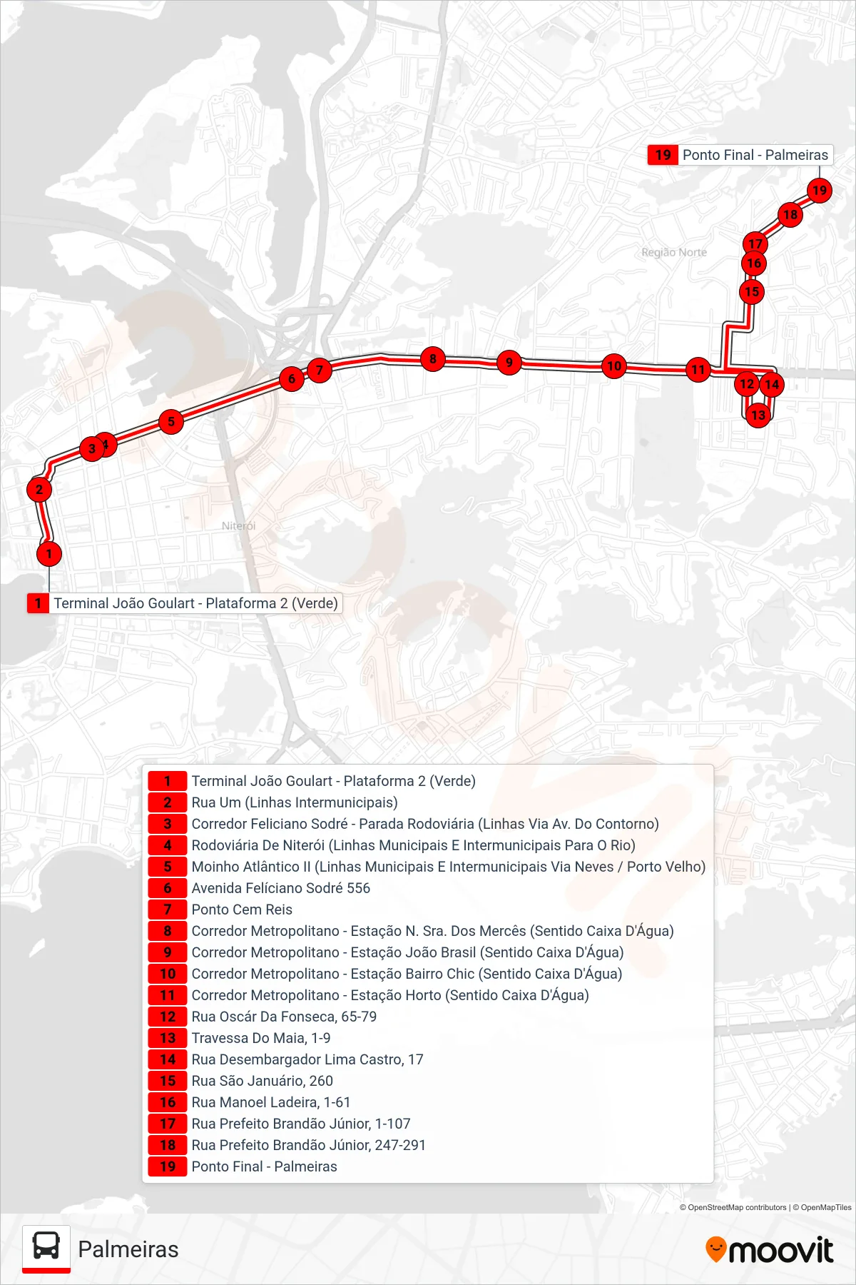 Rota e paradas da linha de ônibus 24 (Palmeiras) no mapa