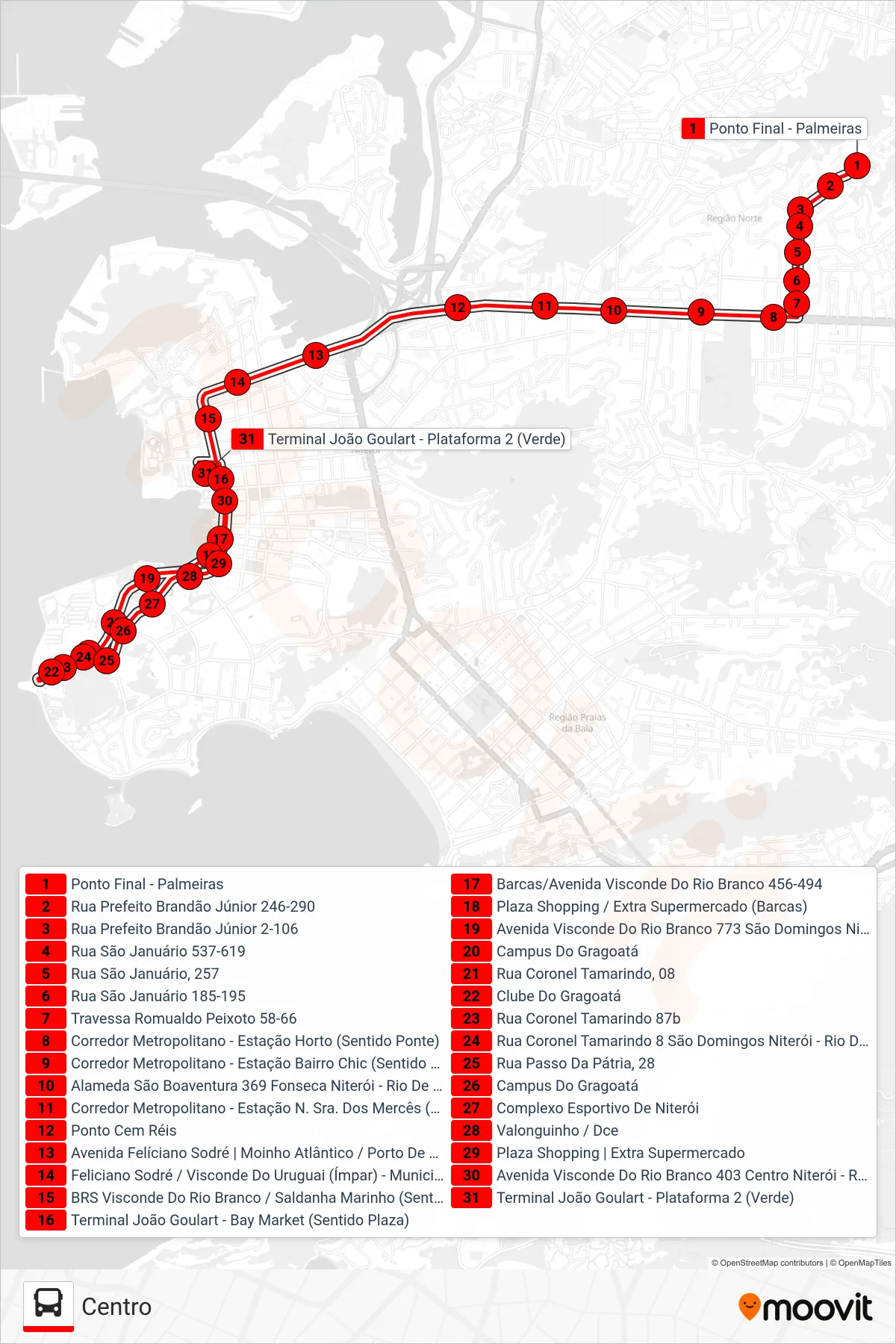 Rota e paradas da linha de ônibus 24 (Centro) no mapa