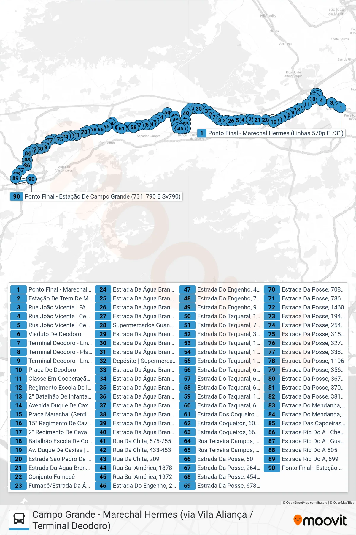 Rota e paradas da linha de ônibus SN 731 (Campo Grande) no mapa