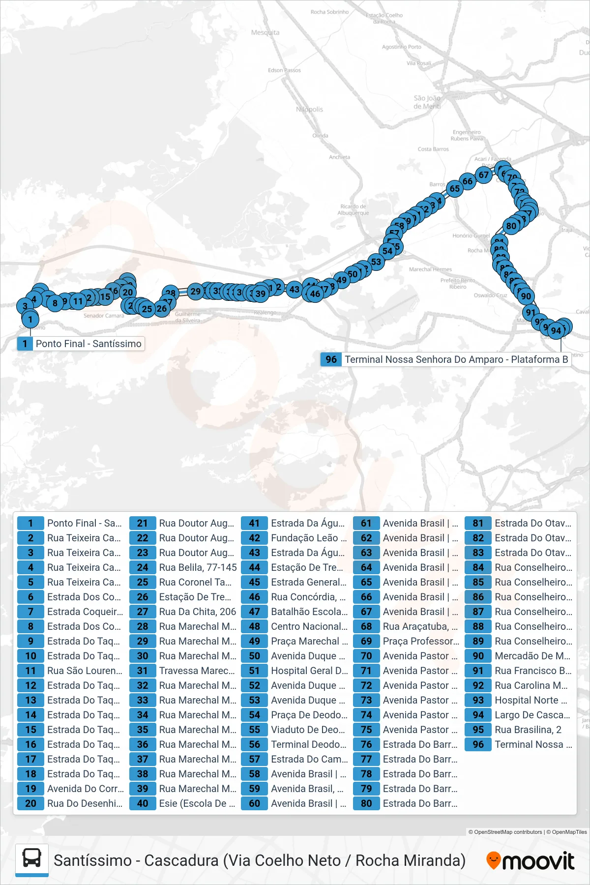Rota e paradas da linha de ônibus 737 (Cascadura) no mapa