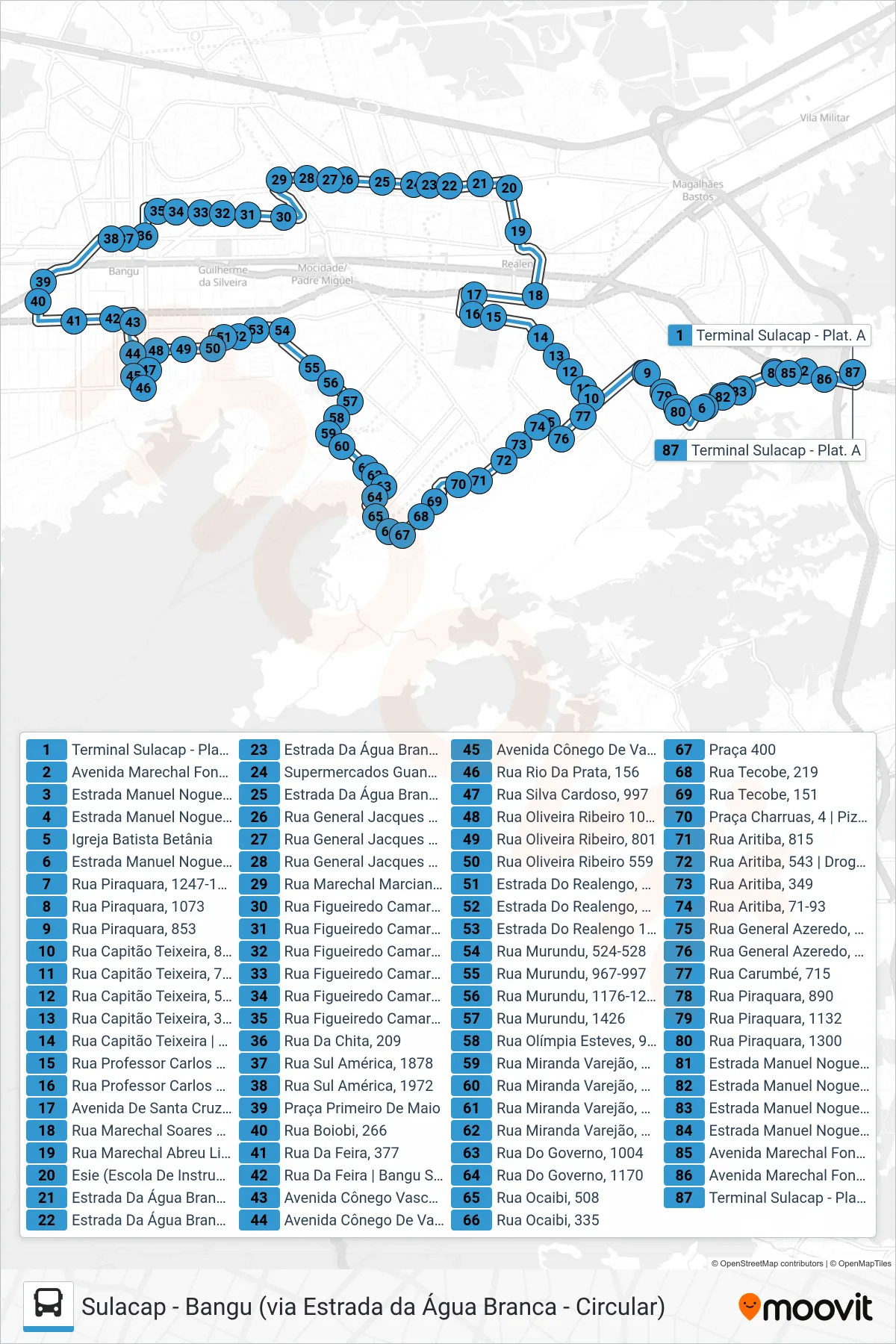 743 bus Line (Sulacap ↔ Bangu) route and stops on a map