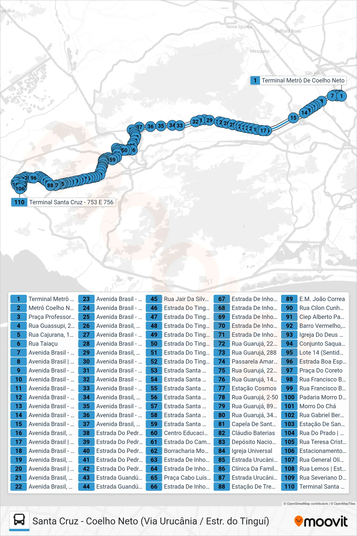 753 bus Line (Santa Cruz) route and stops on a map