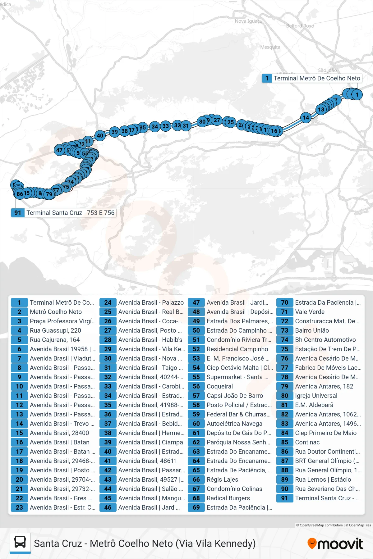 Rota e paradas da linha de ônibus 756 (Santa Cruz) no mapa