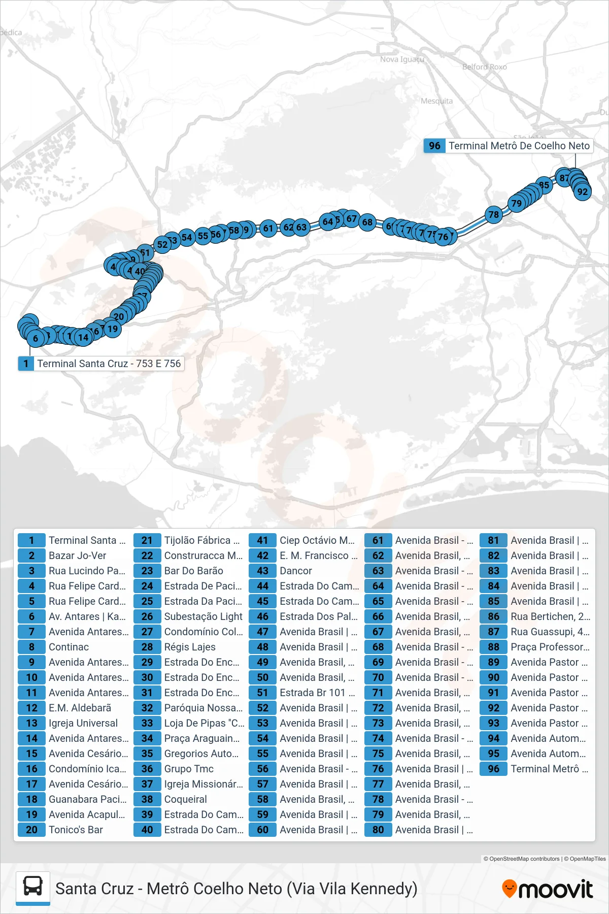 756 bus Line (Coelho Neto) route and stops on a map