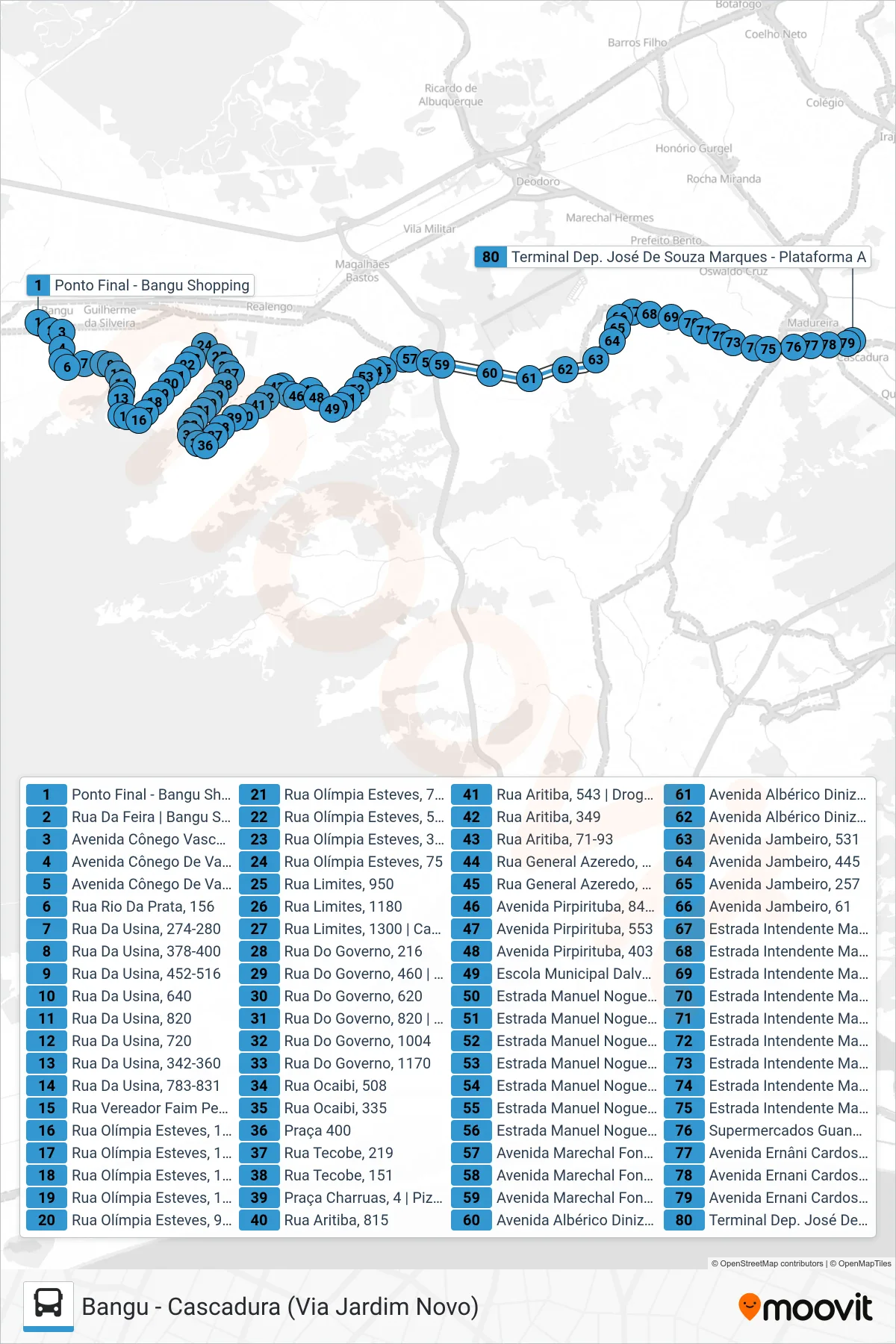 Rota e paradas da linha de ônibus 794 (Cascadura) no mapa