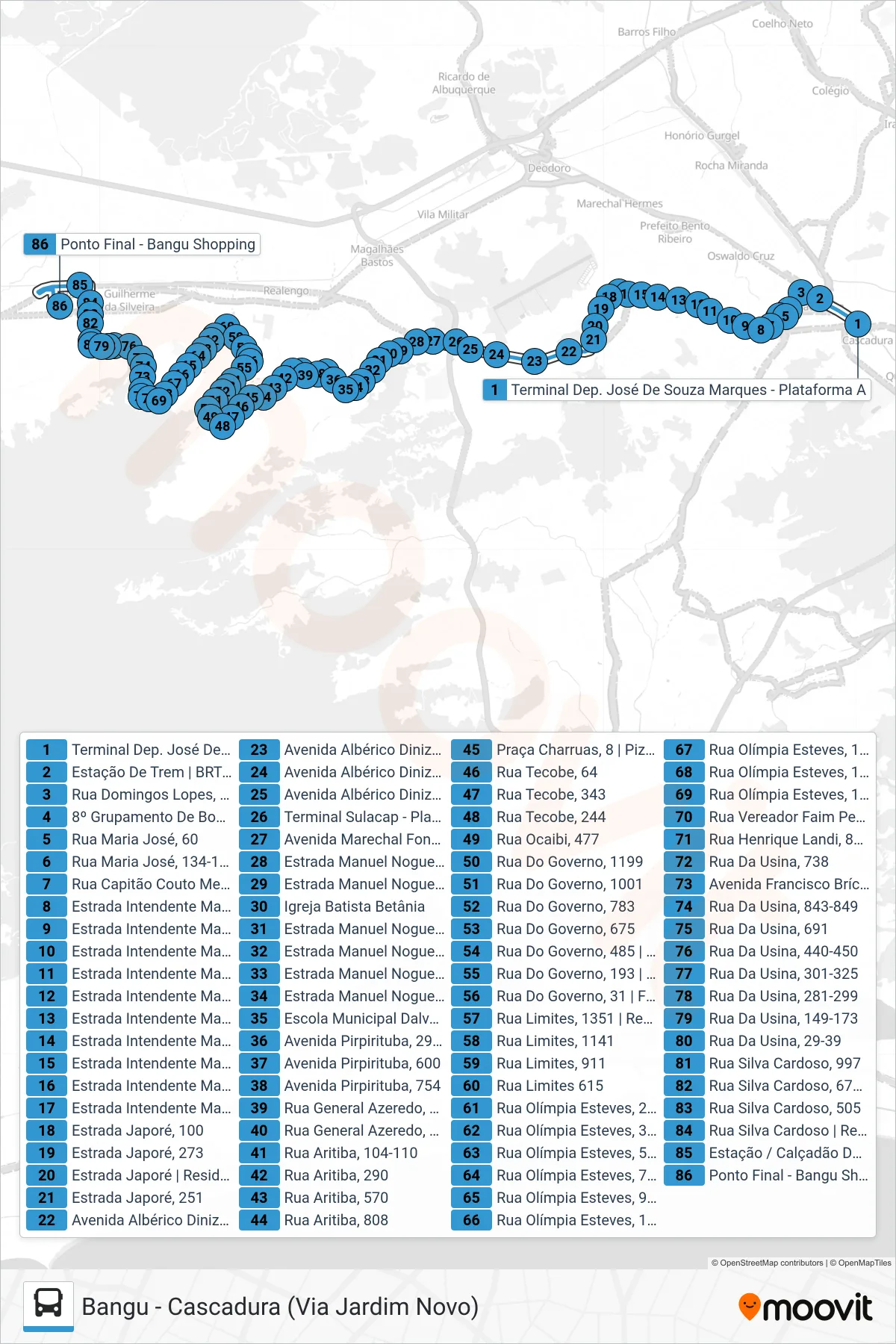 Rota e paradas da linha de ônibus 794 (Bangu) no mapa