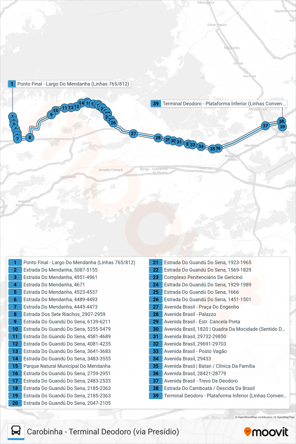 765 bus Line (Terminal Deodoro) route and stops on a map