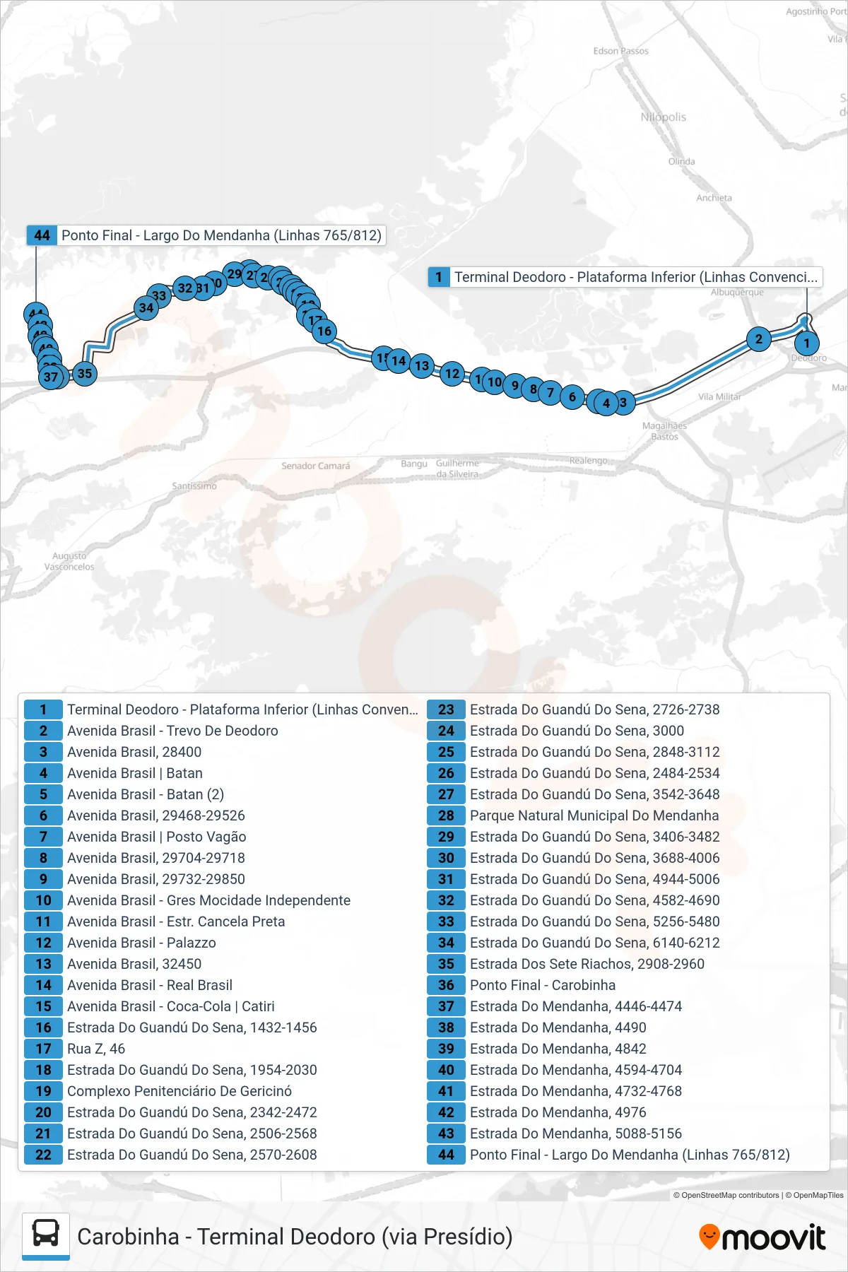 Rota e paradas da linha de ônibus 765 (Carobinha) no mapa