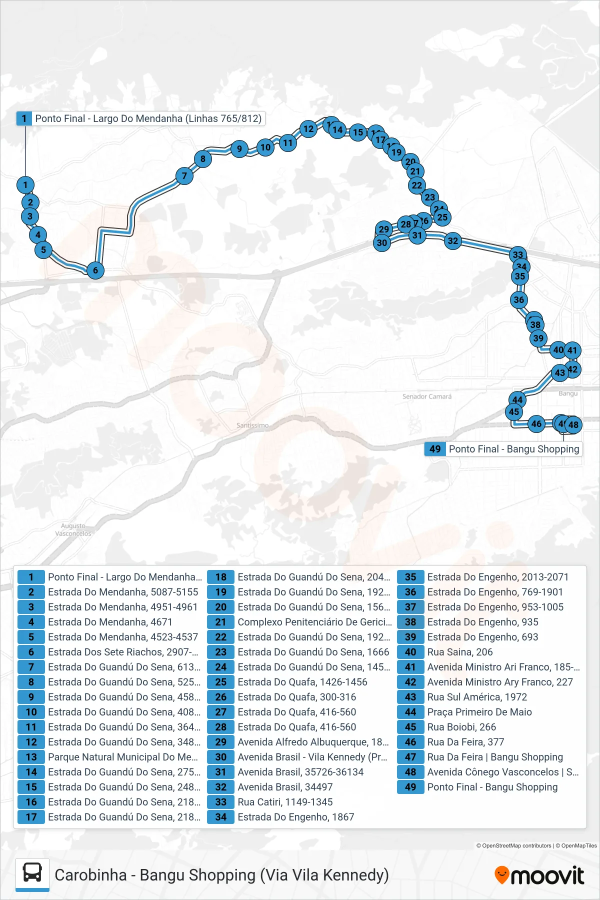 Rota e paradas da linha de ônibus 812 (Bangu Shopping) no mapa