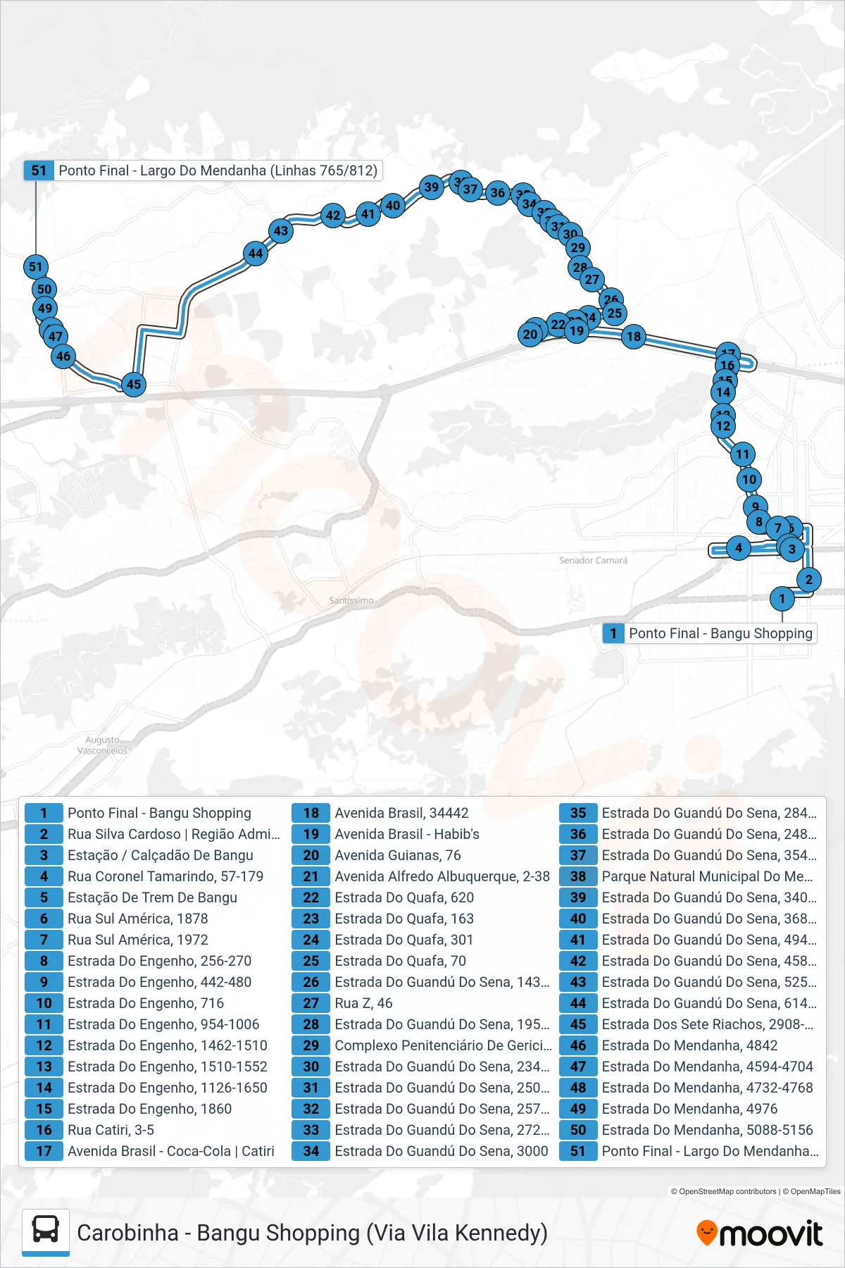 812 bus Line (Carobinha) route and stops on a map
