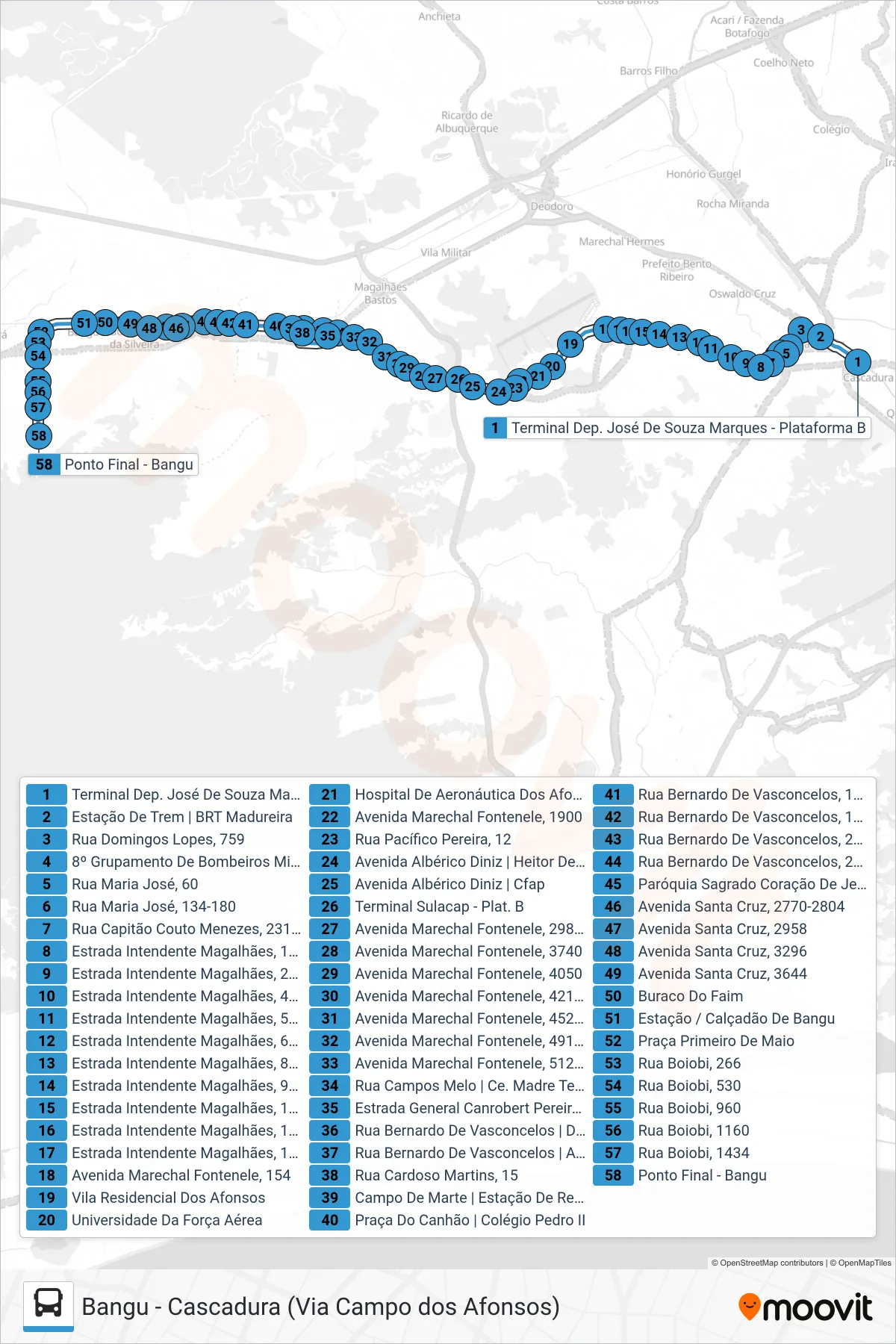 Rota e paradas da linha de ônibus 745 (Bangu) no mapa