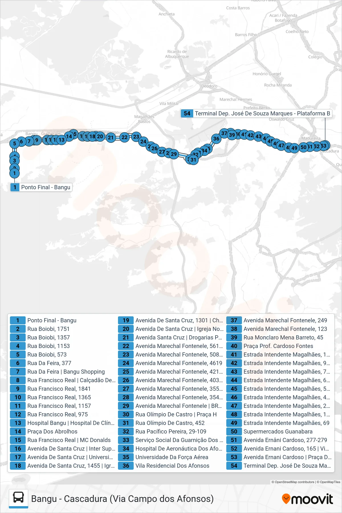 Rota e paradas da linha de ônibus 745 (Cascadura) no mapa