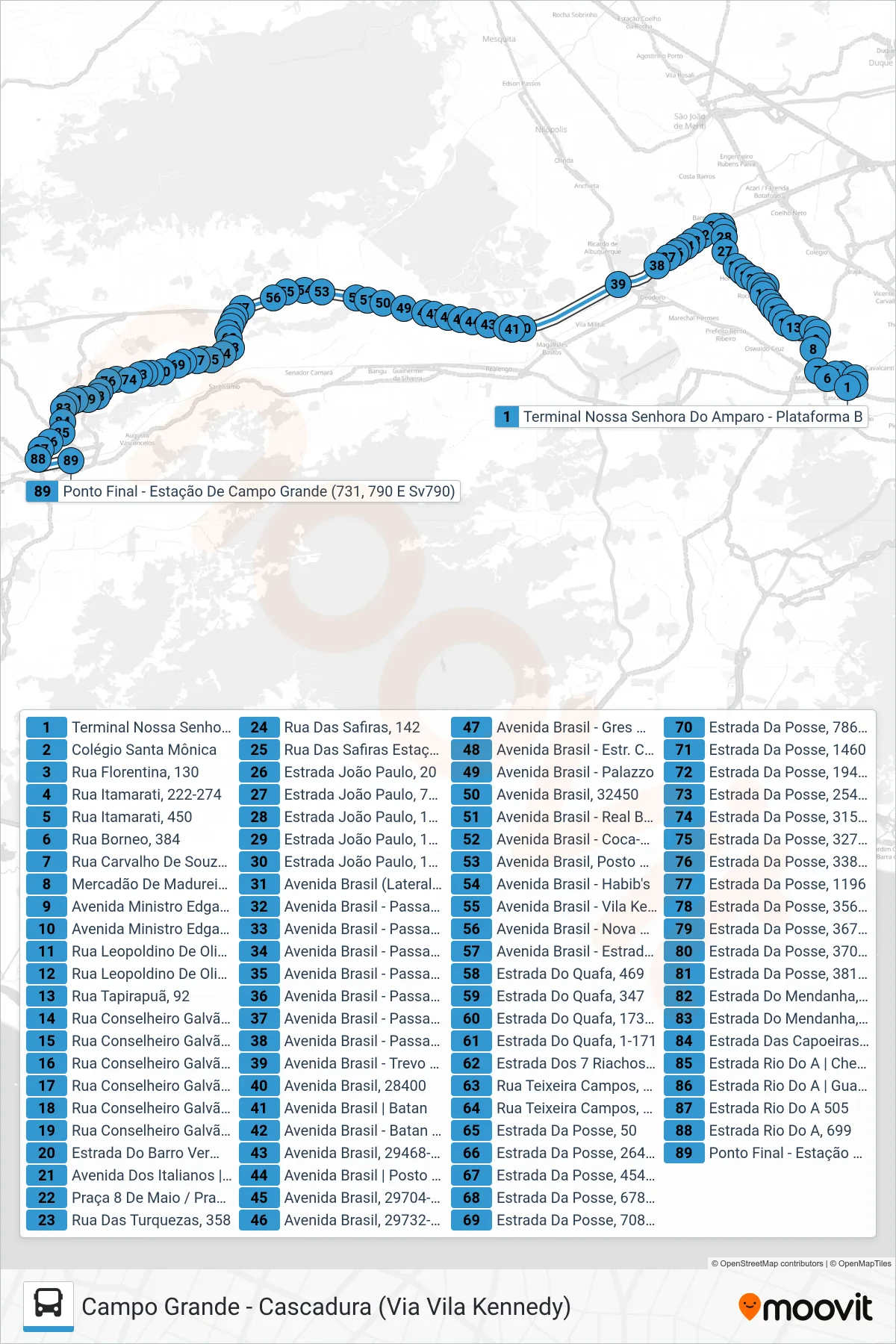 Rota e paradas da linha de ônibus 790 (Campo Grande) no mapa