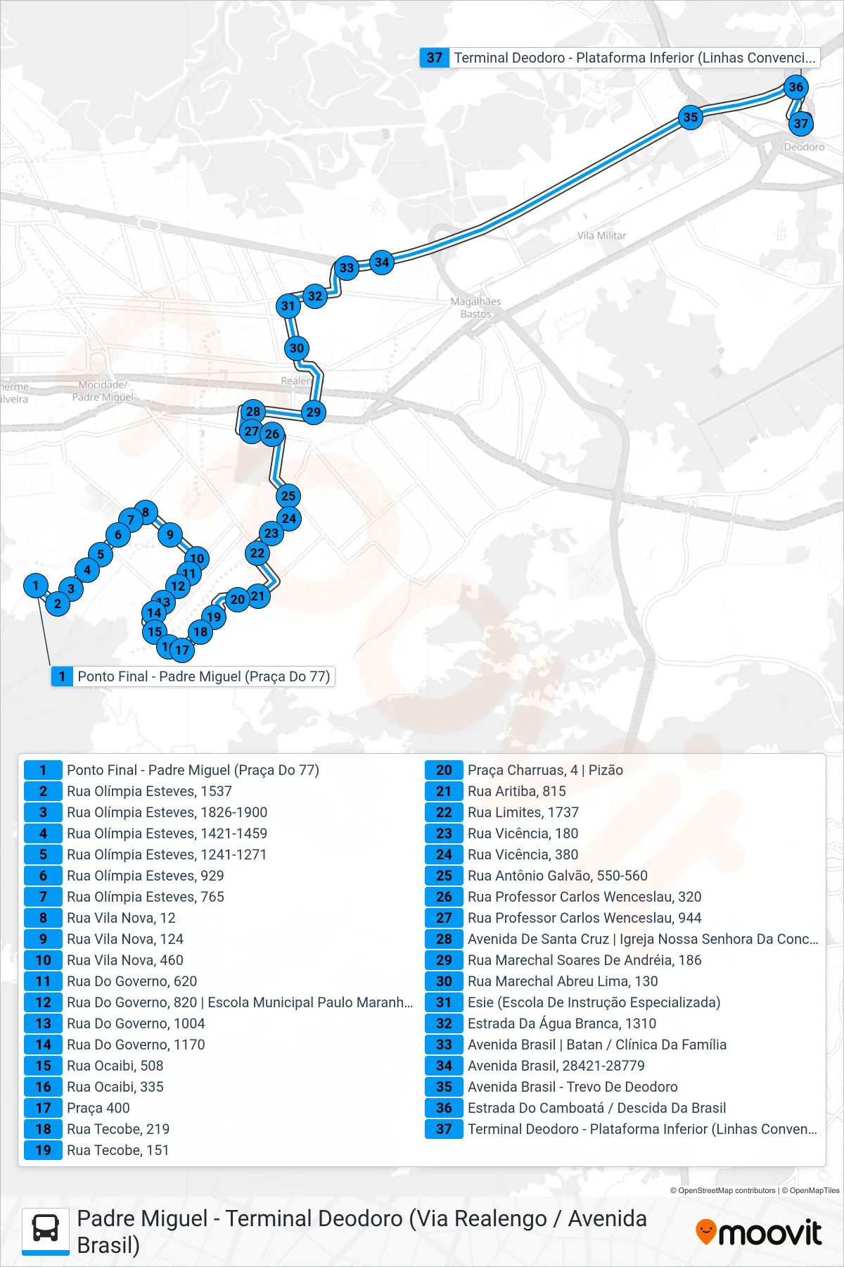 Rota e paradas da linha de ônibus 791 (Terminal Deodoro) no mapa