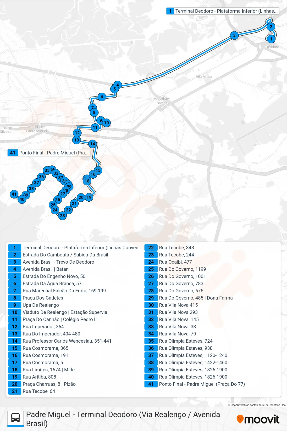 Rota e paradas da linha de ônibus 791 (Padre Miguel) no mapa