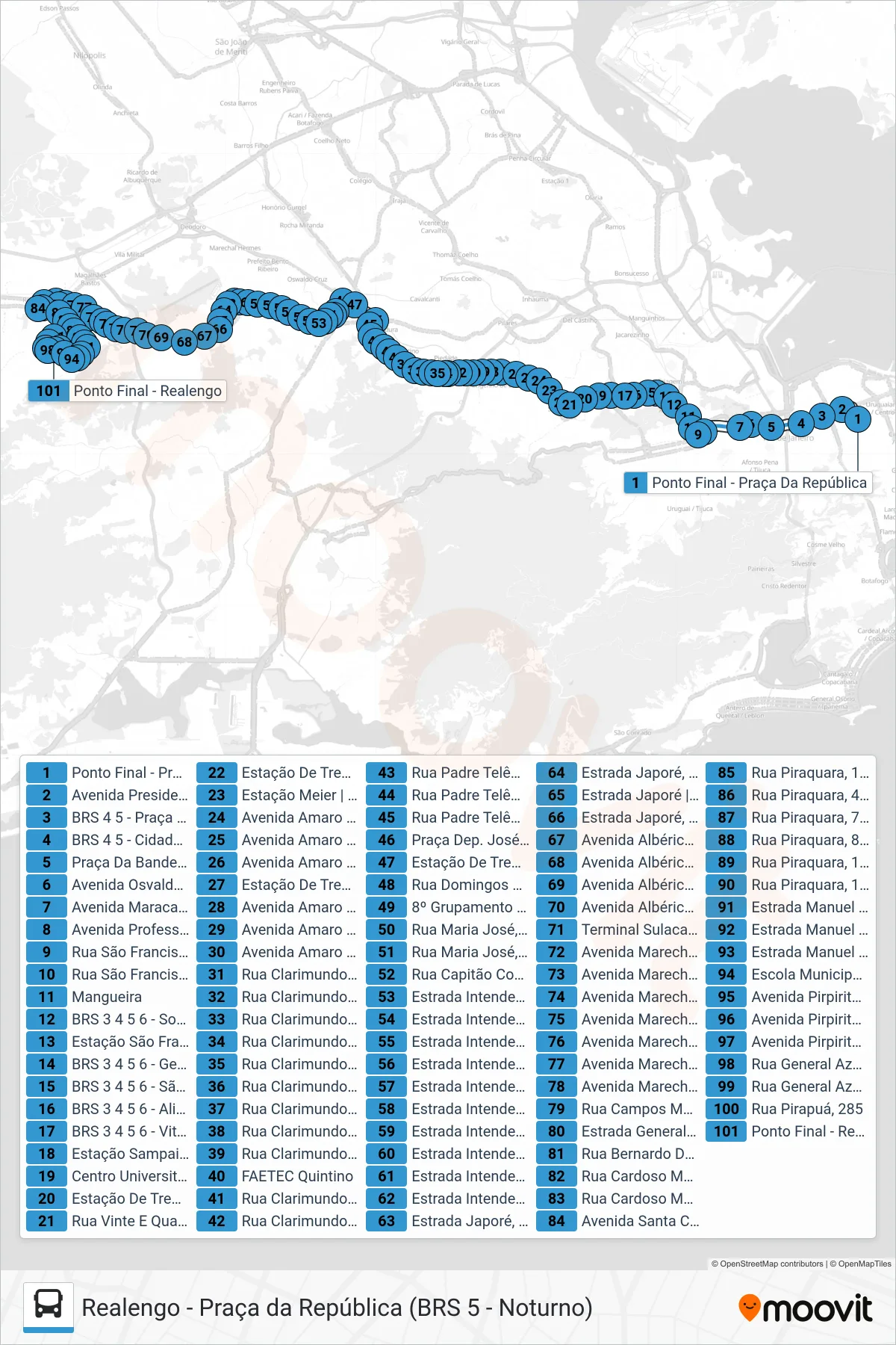SN 383 bus Line (Realengo) route and stops on a map